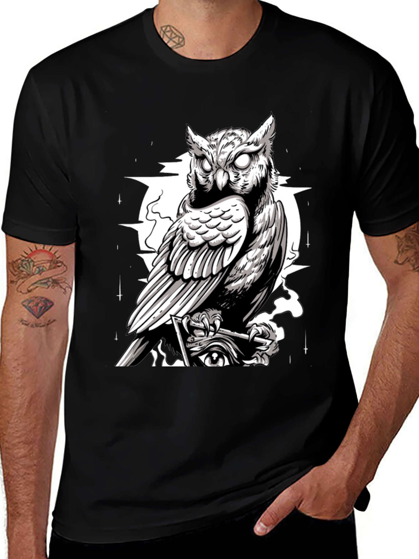 Owl Graphic Print Tee - Mens Black T-Shirt