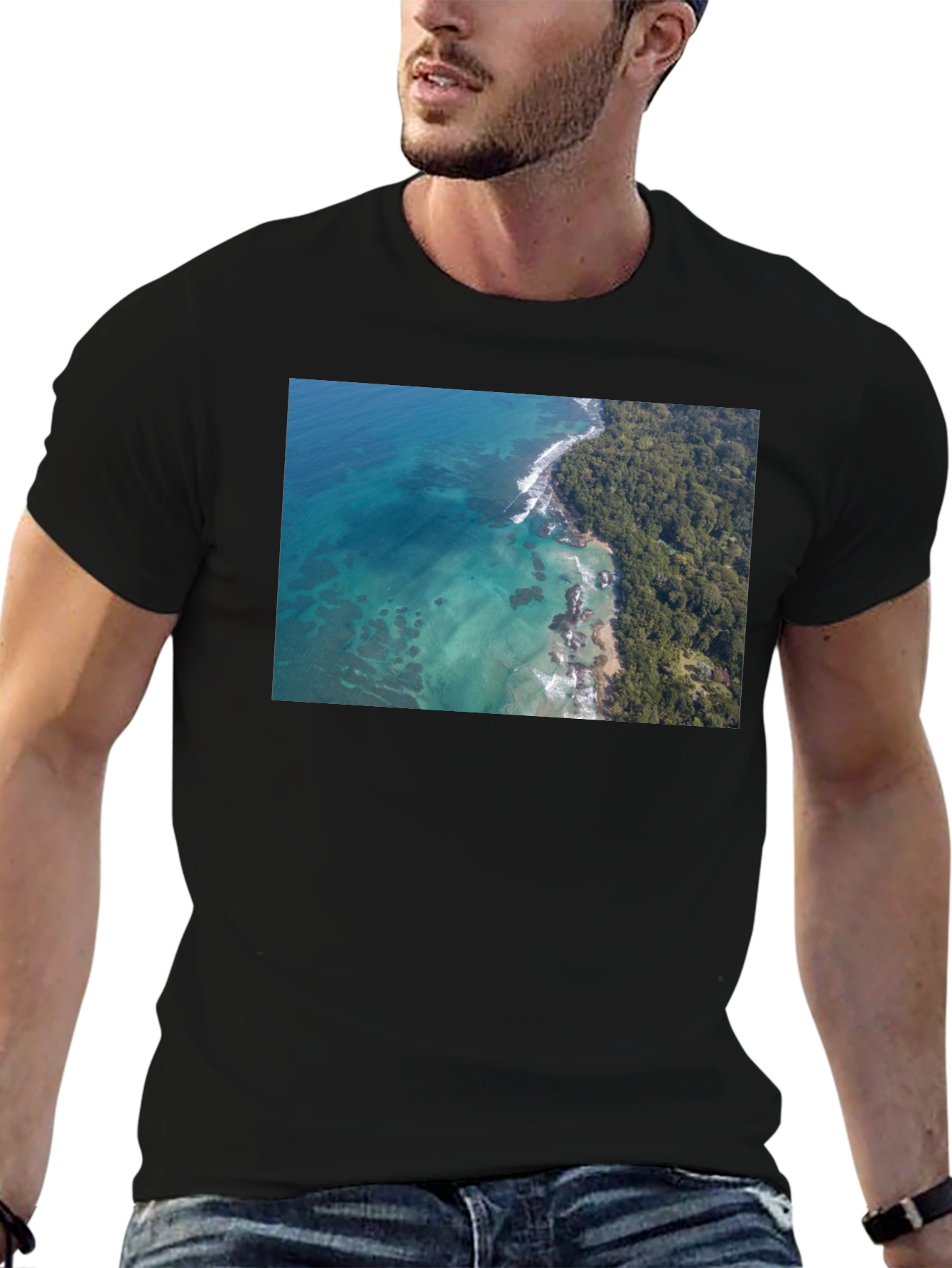 Tropical Ocean Print Black T-Shirt