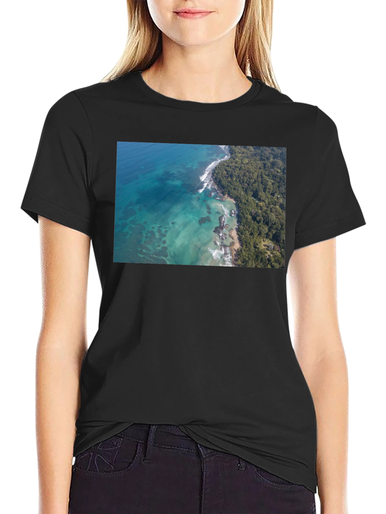 Tropical Ocean Print Black T-Shirt