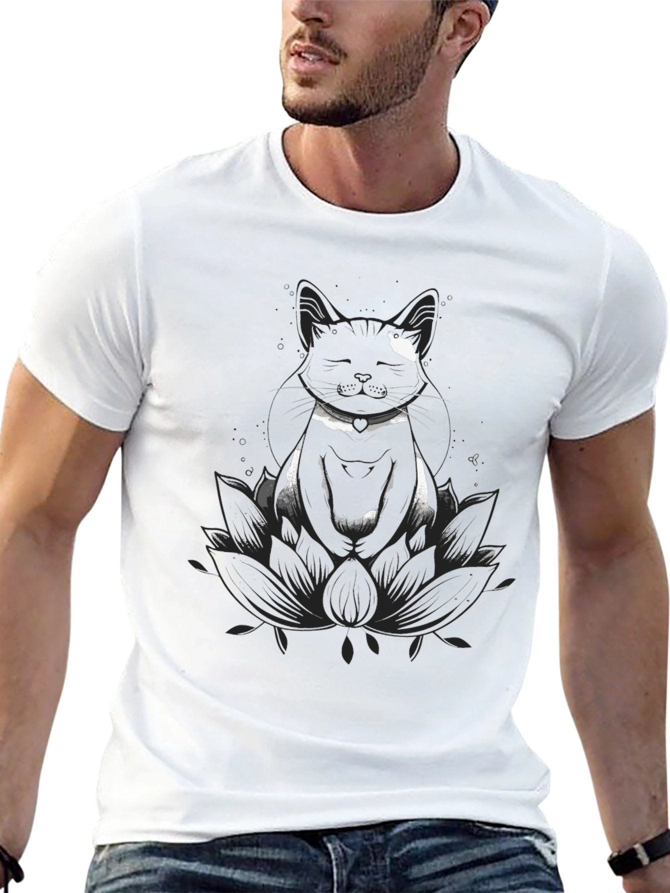 Meditating Cat Lotus Flower Graphic T-Shirt