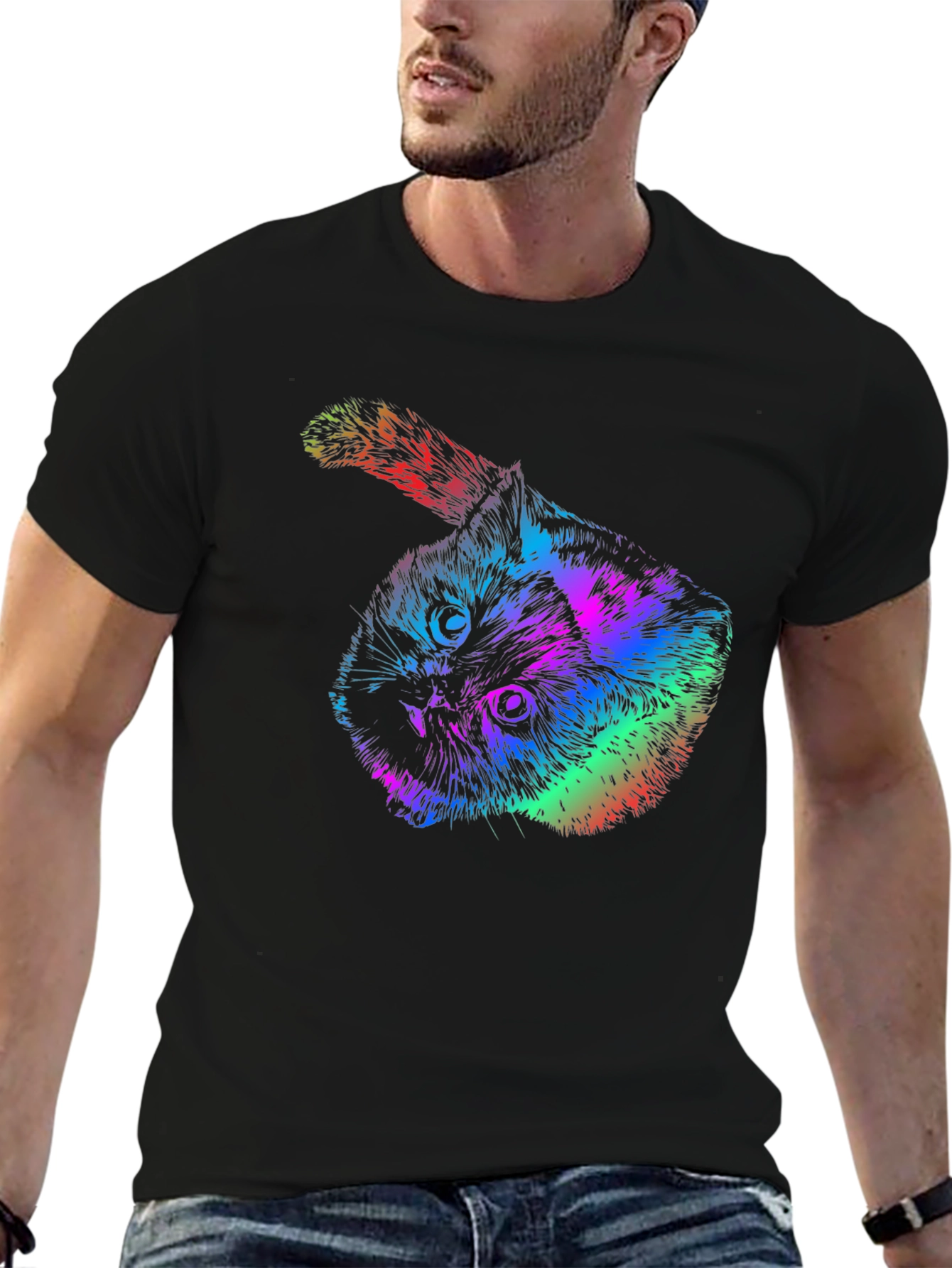 Rainbow Cat Graphic Tee - Cool Black T-Shirt