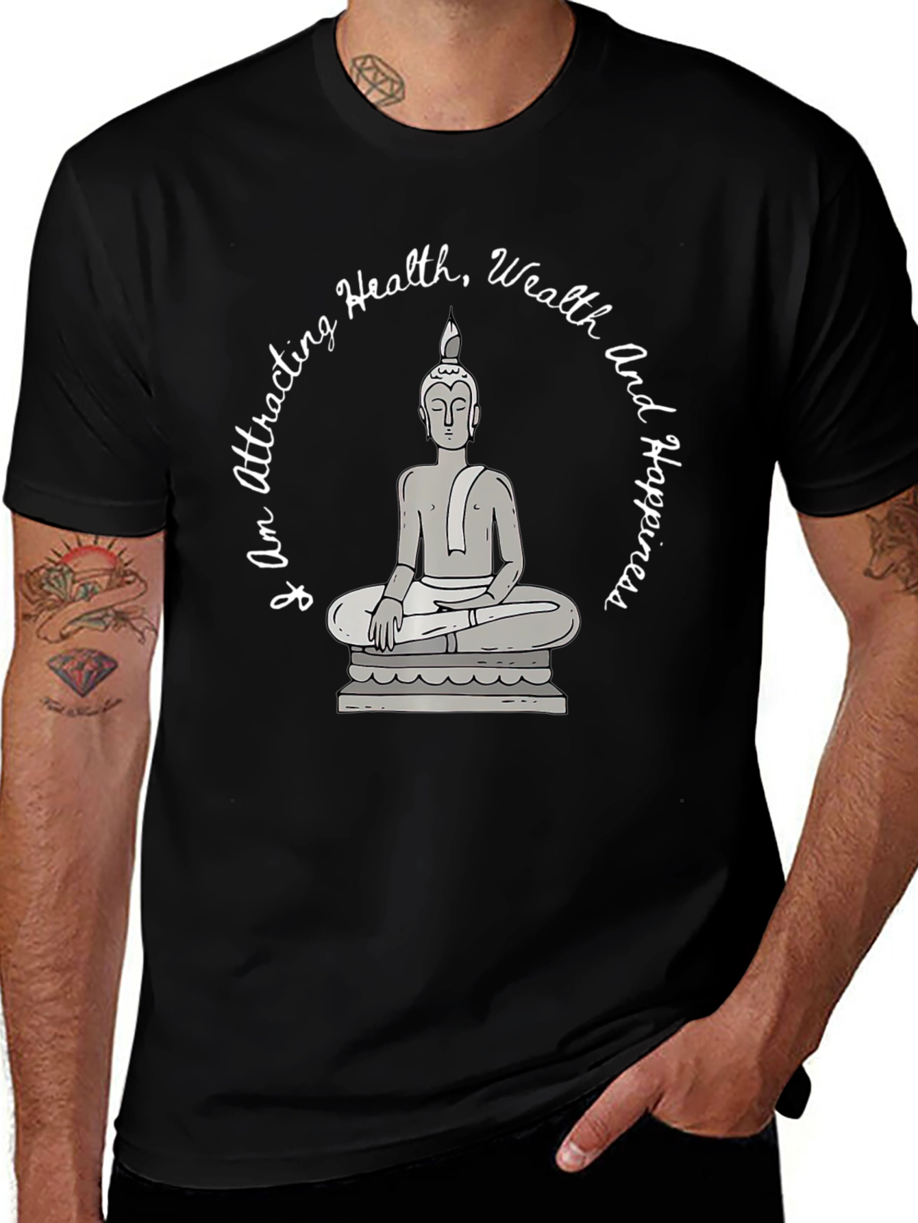 Attracting Health Wealth Happiness Buddha Graphic Tee