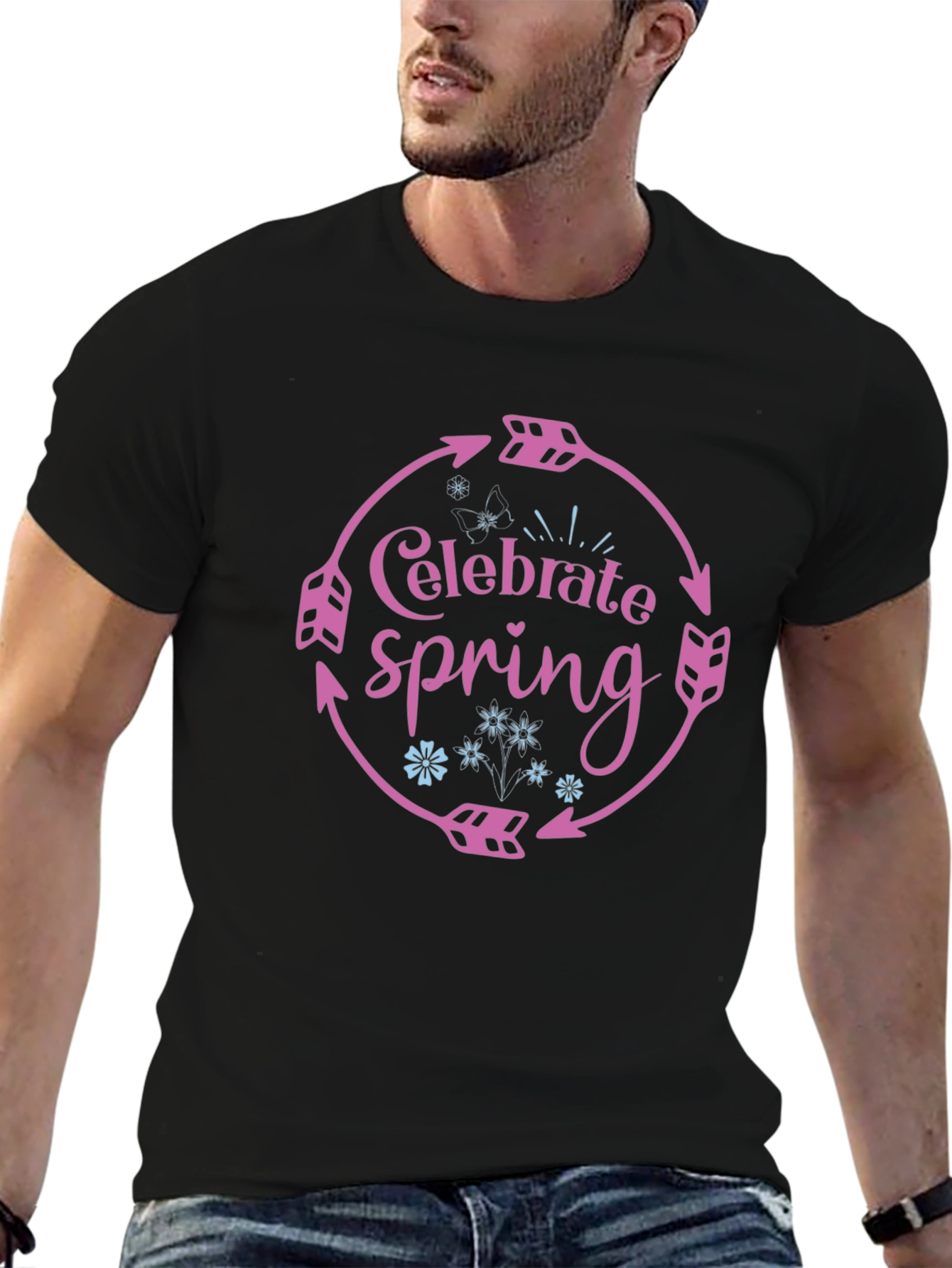 Celebrate Spring Black T-Shirt with Arrow Circle Design