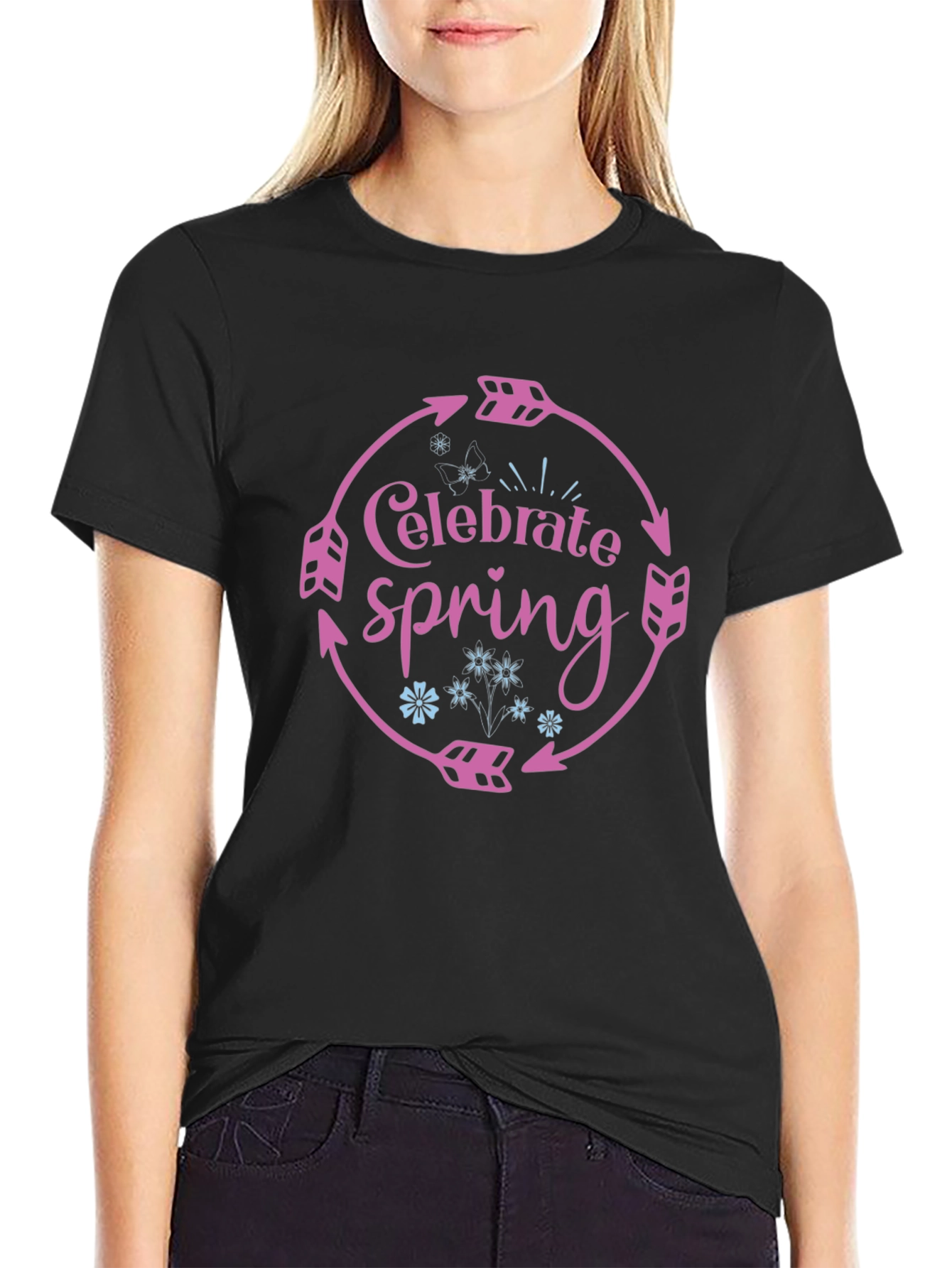 Celebrate Spring Black T-Shirt with Arrow Circle Design