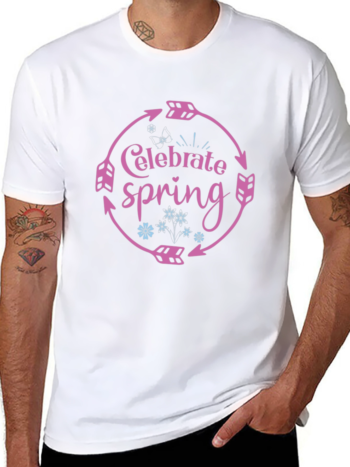 Celebrate Spring Black T-Shirt with Arrow Circle Design