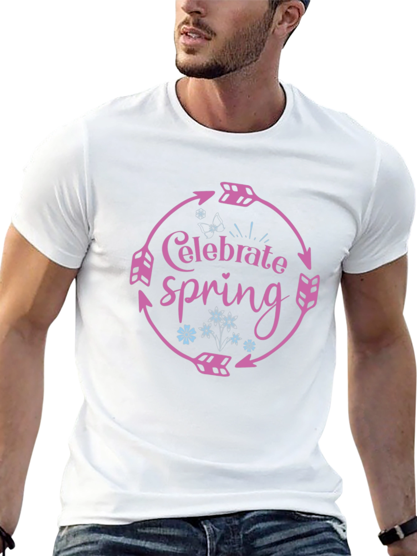 Celebrate Spring Black T-Shirt with Arrow Circle Design