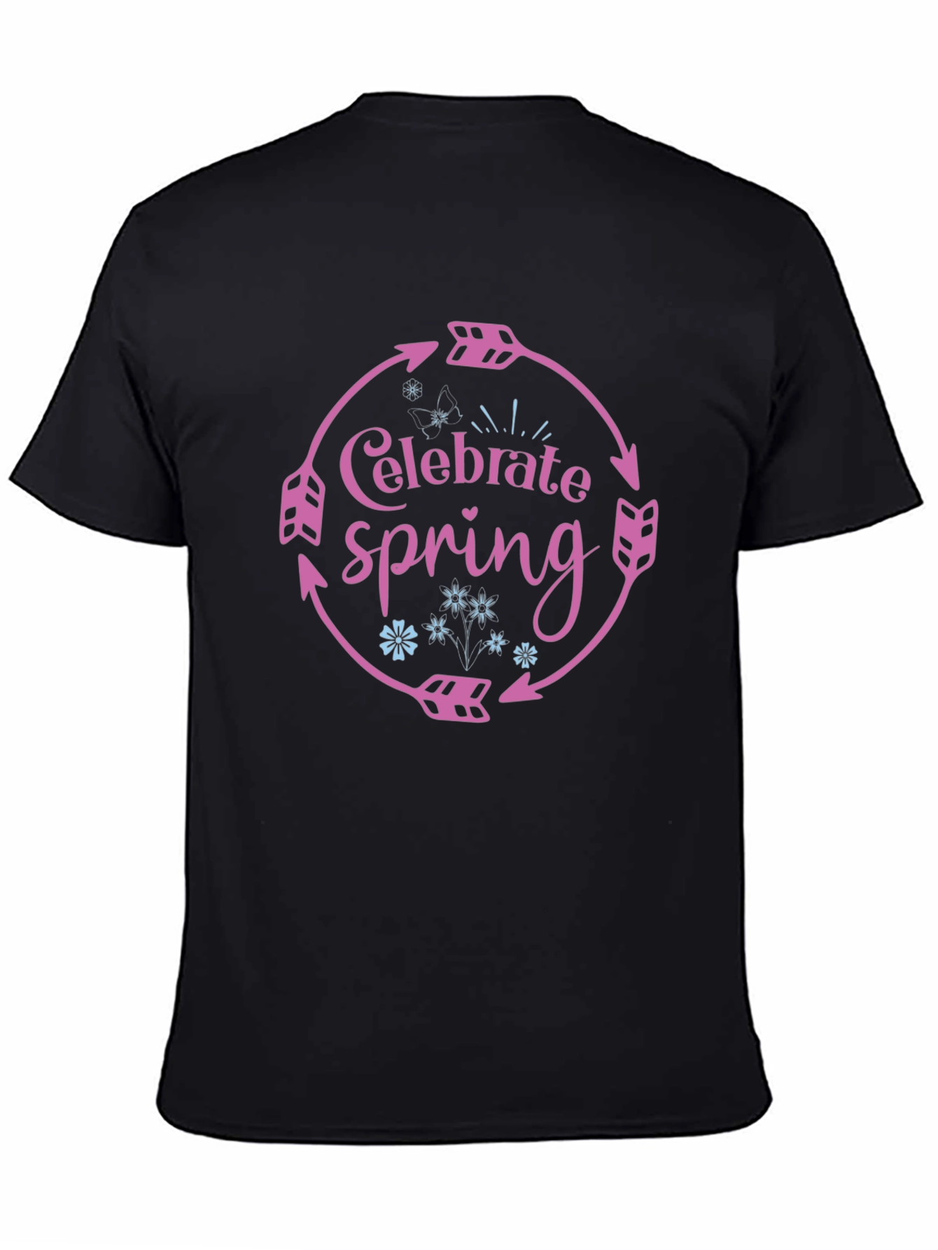Celebrate Spring Black T-Shirt with Arrow Circle Design