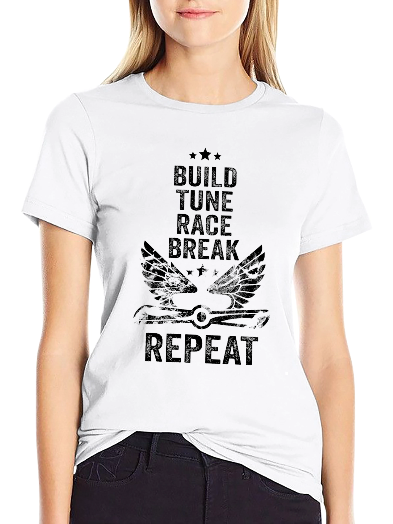 Build Tune Race Repeat Mens Black Graphic T-Shirt