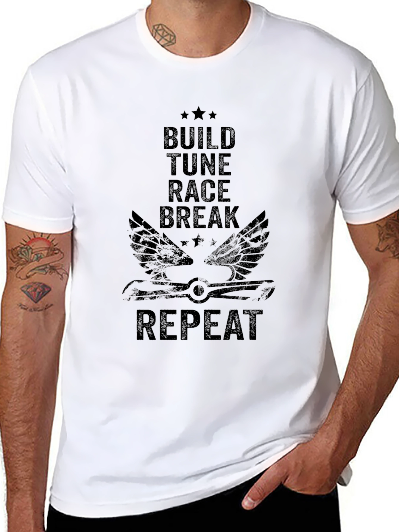 Build Tune Race Repeat Mens Black Graphic T-Shirt