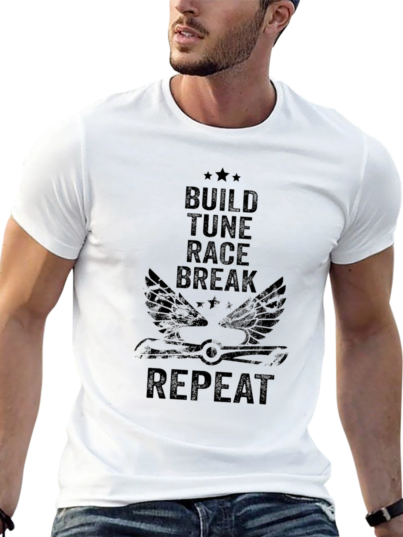 Build Tune Race Repeat Mens Black Graphic T-Shirt