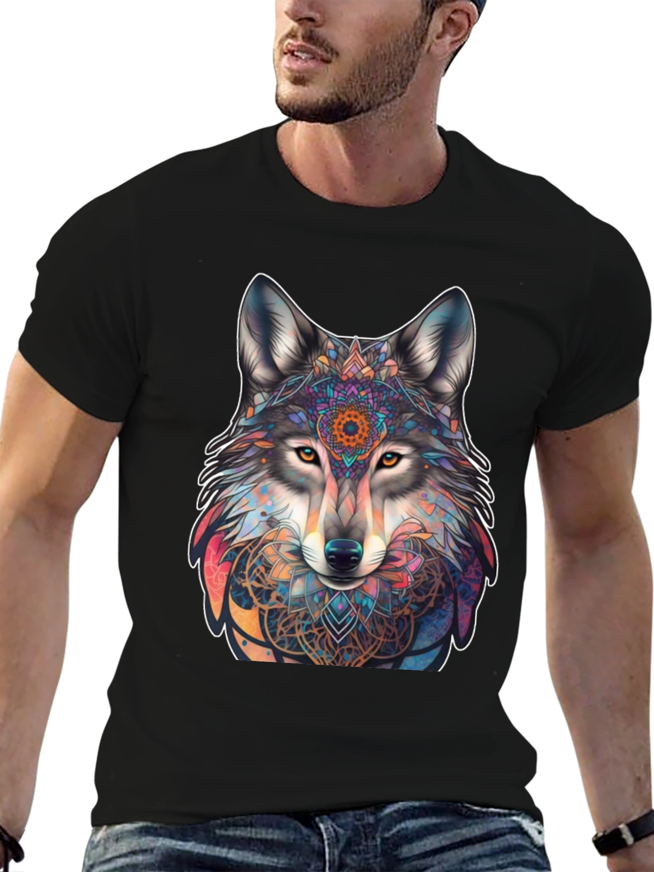 Wolf Mandala Graphic Tee - Stylish Mens Black T-Shirt