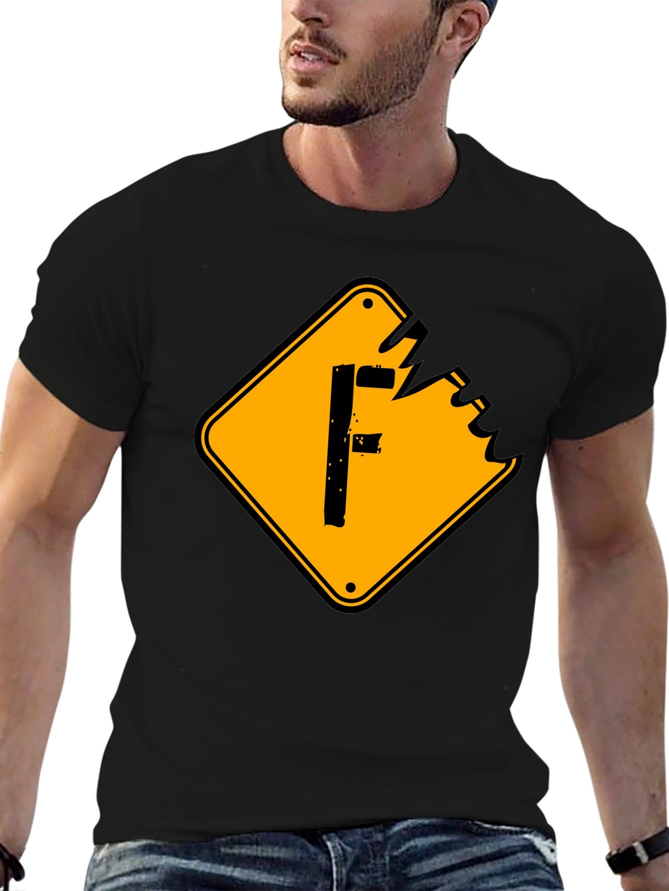 Mens Black Graphic Tee - F Warning Sign