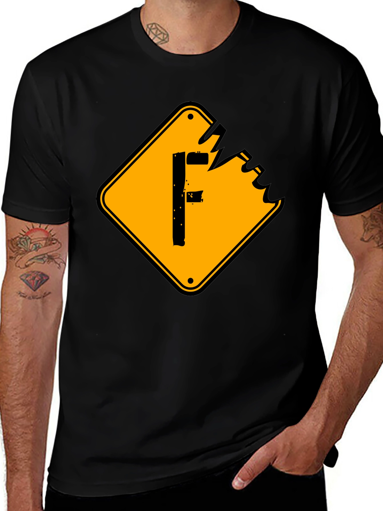 Mens Black Graphic Tee - F Warning Sign
