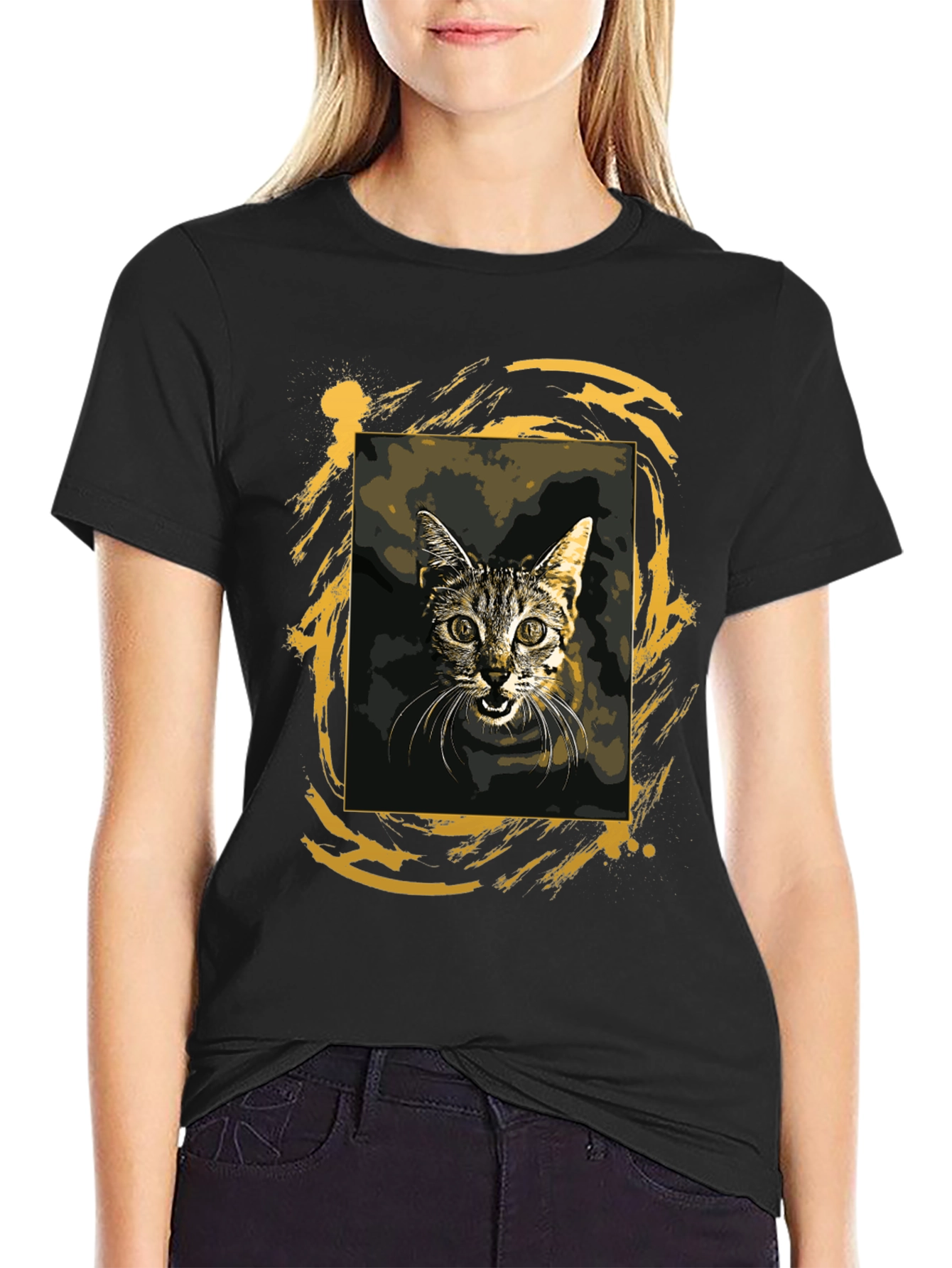 Cat Graphic Tee - Black Cotton T-Shirt