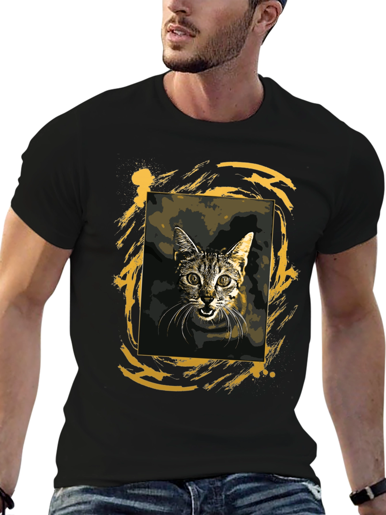 Cat Graphic Tee - Black Cotton T-Shirt
