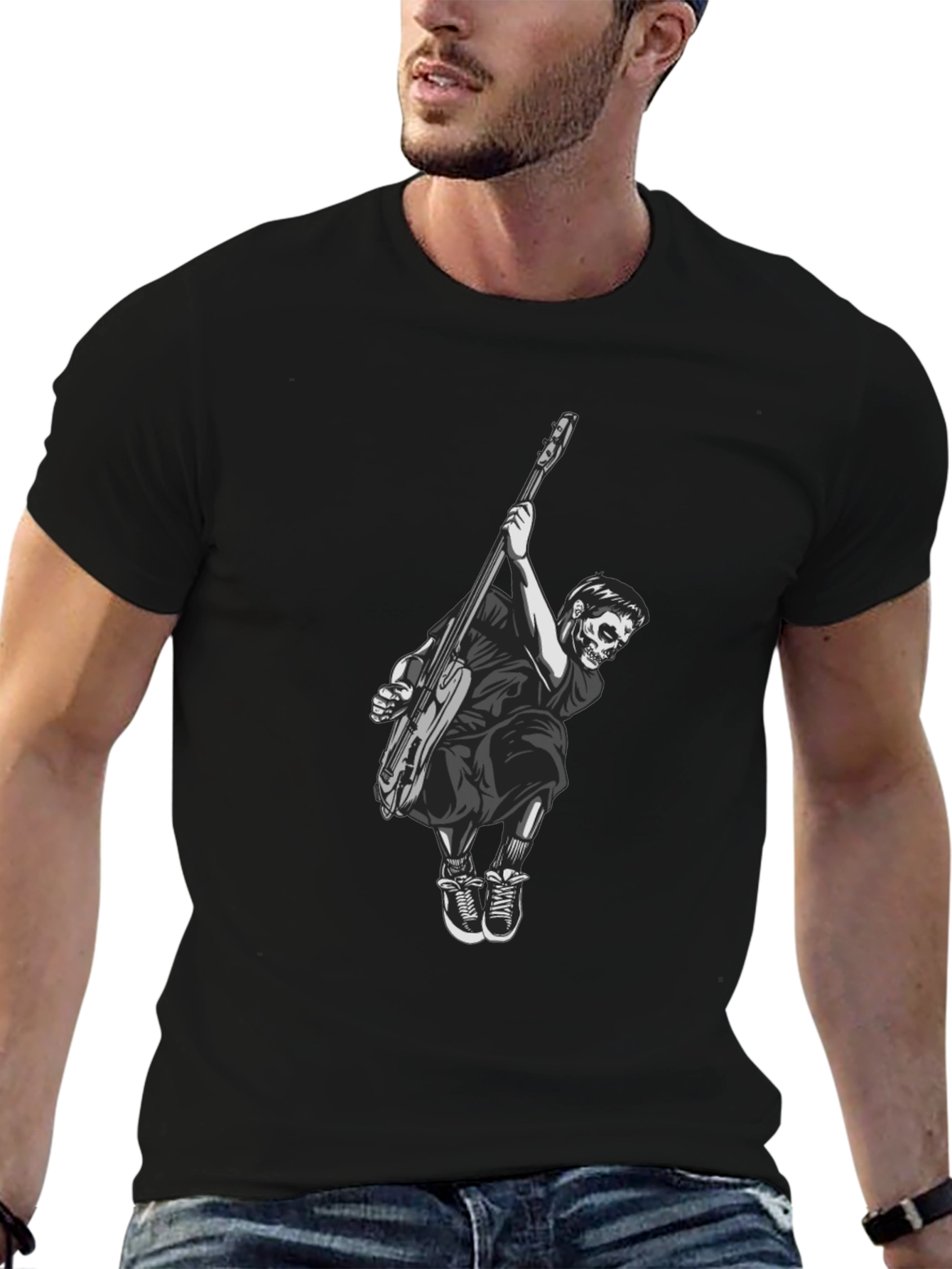 Skull Guitar Player Black T-Shirt