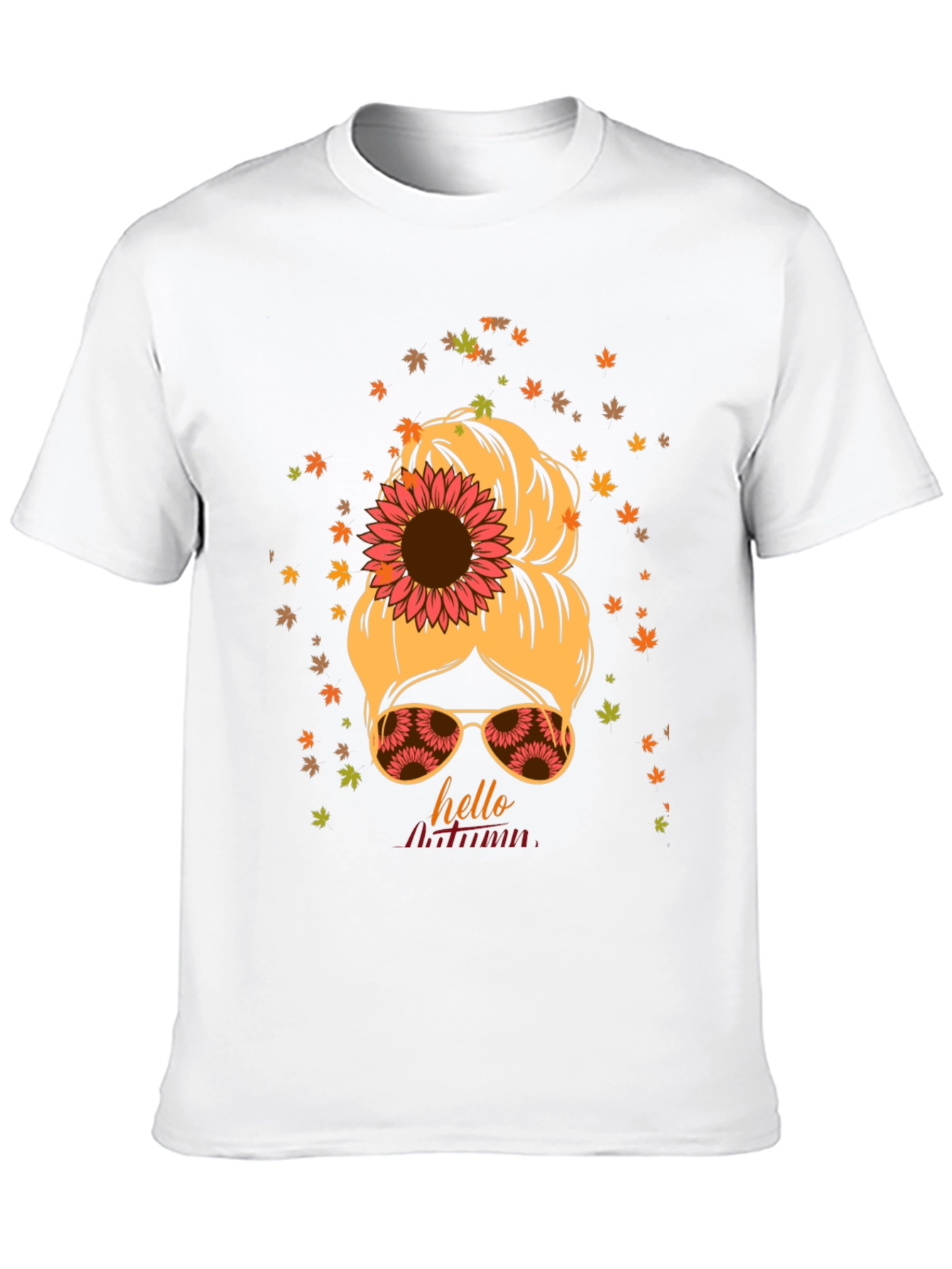 Hello Autumn Messy Bun Sunflower T-Shirt