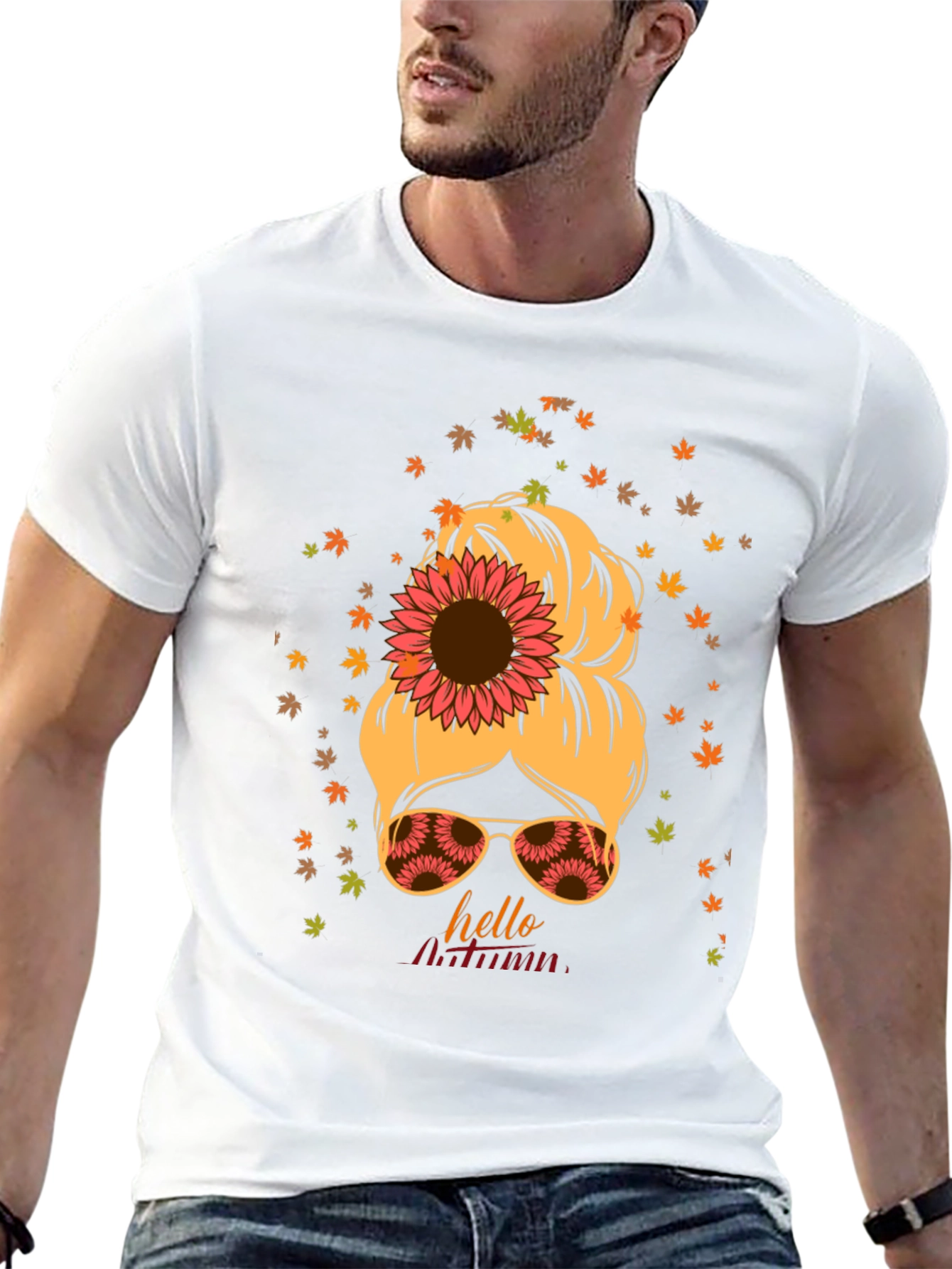 Hello Autumn Messy Bun Sunflower T-Shirt