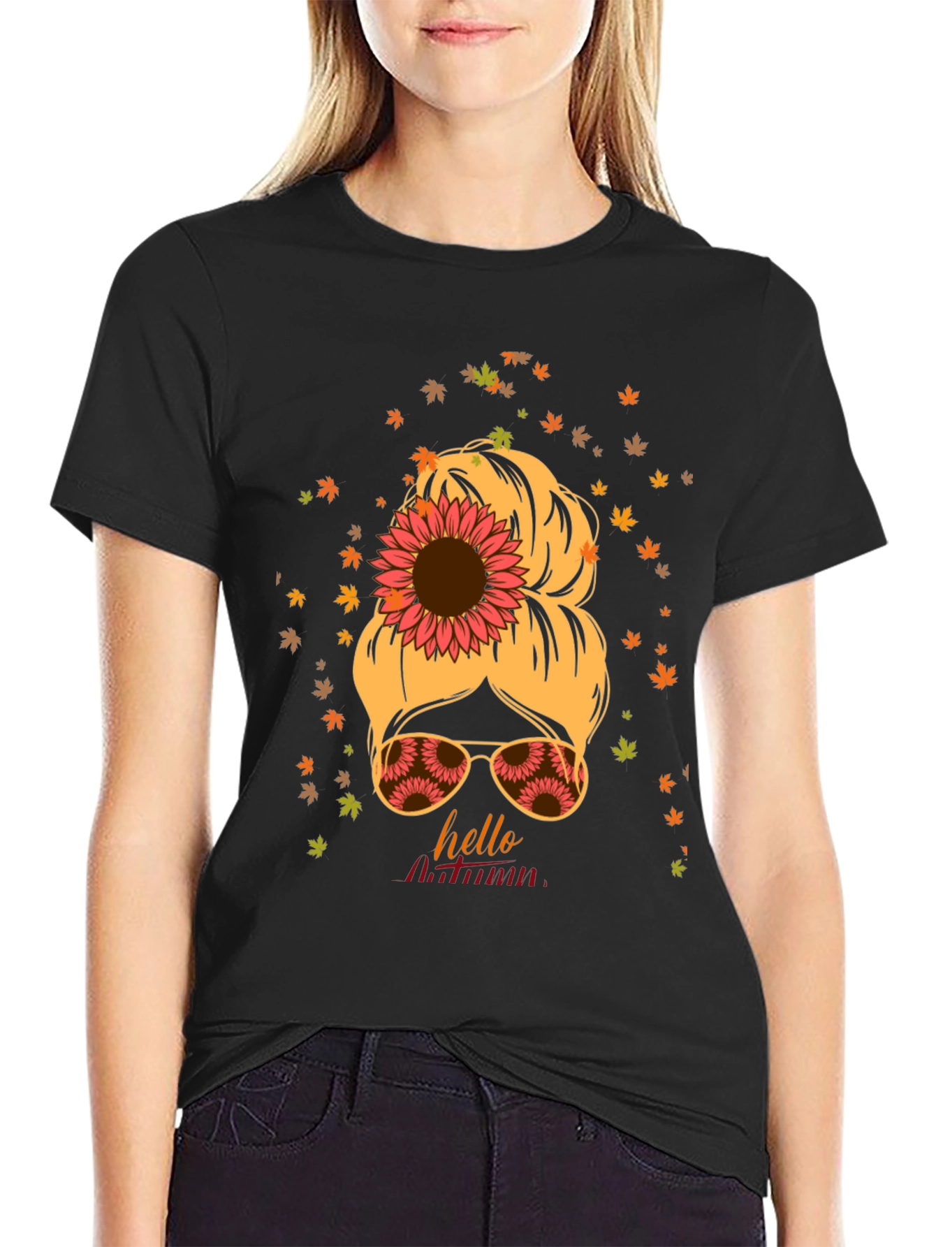 Hello Autumn Messy Bun Sunflower T-Shirt