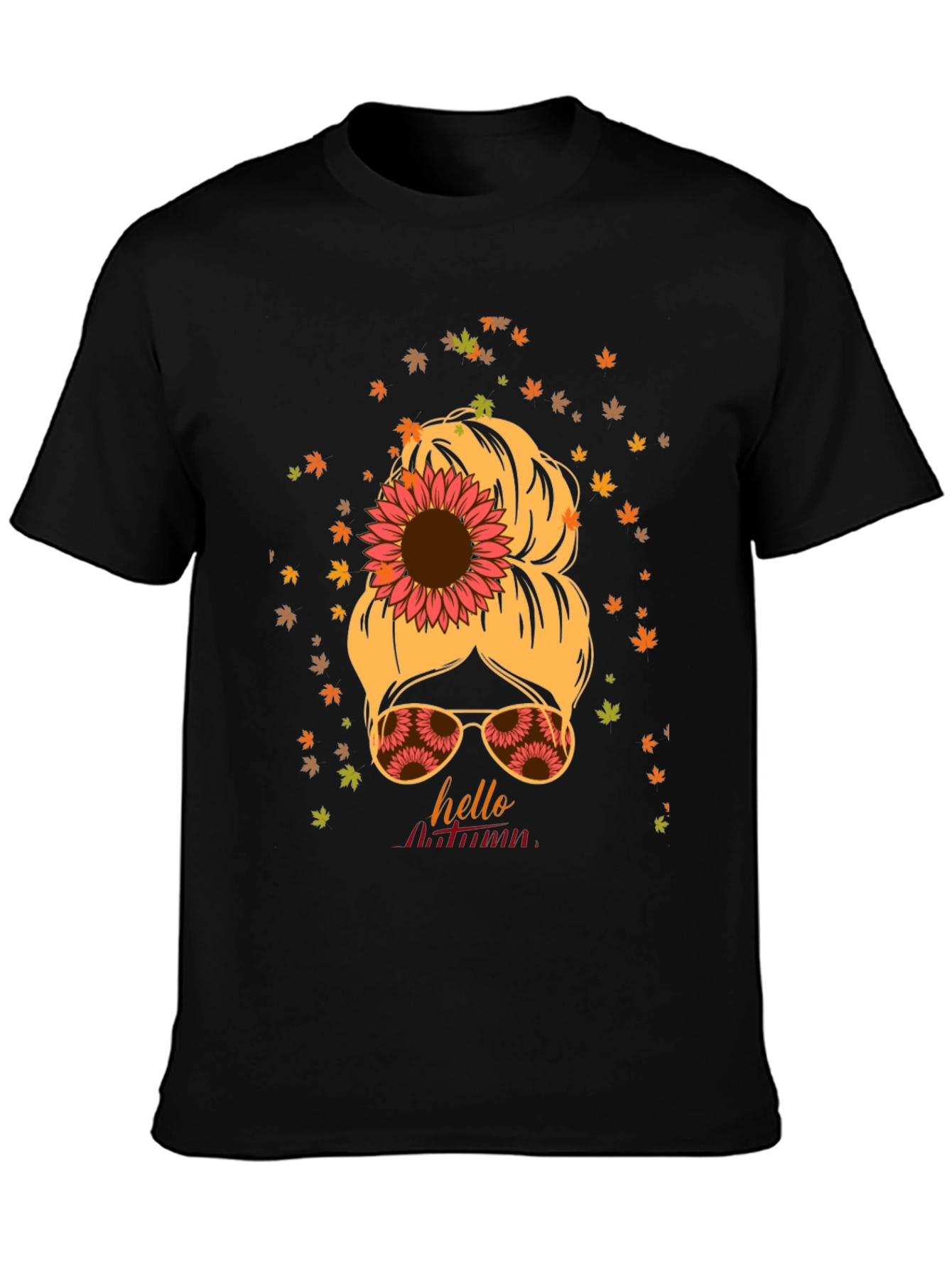 Hello Autumn Messy Bun Sunflower T-Shirt