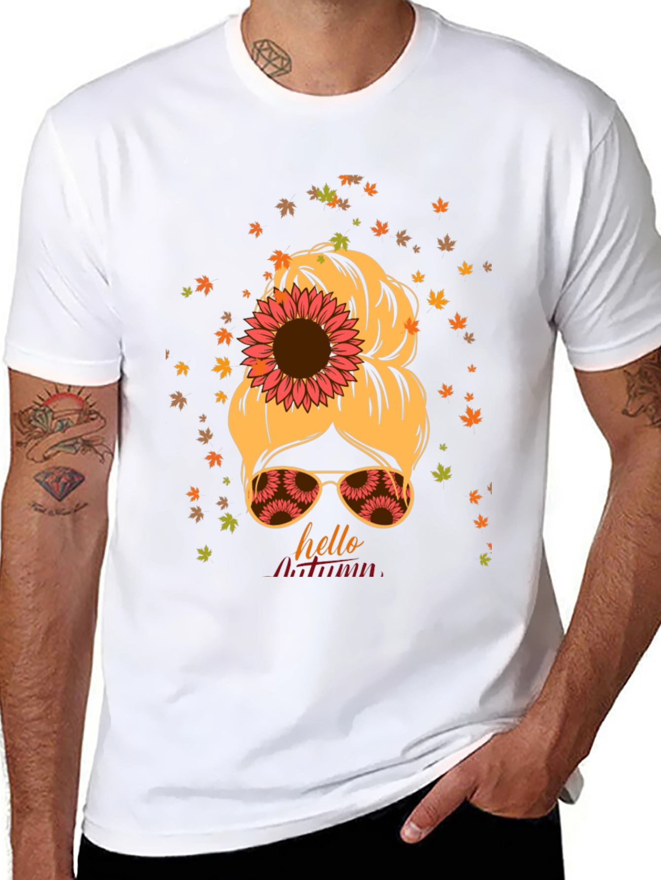 Hello Autumn Messy Bun Sunflower T-Shirt