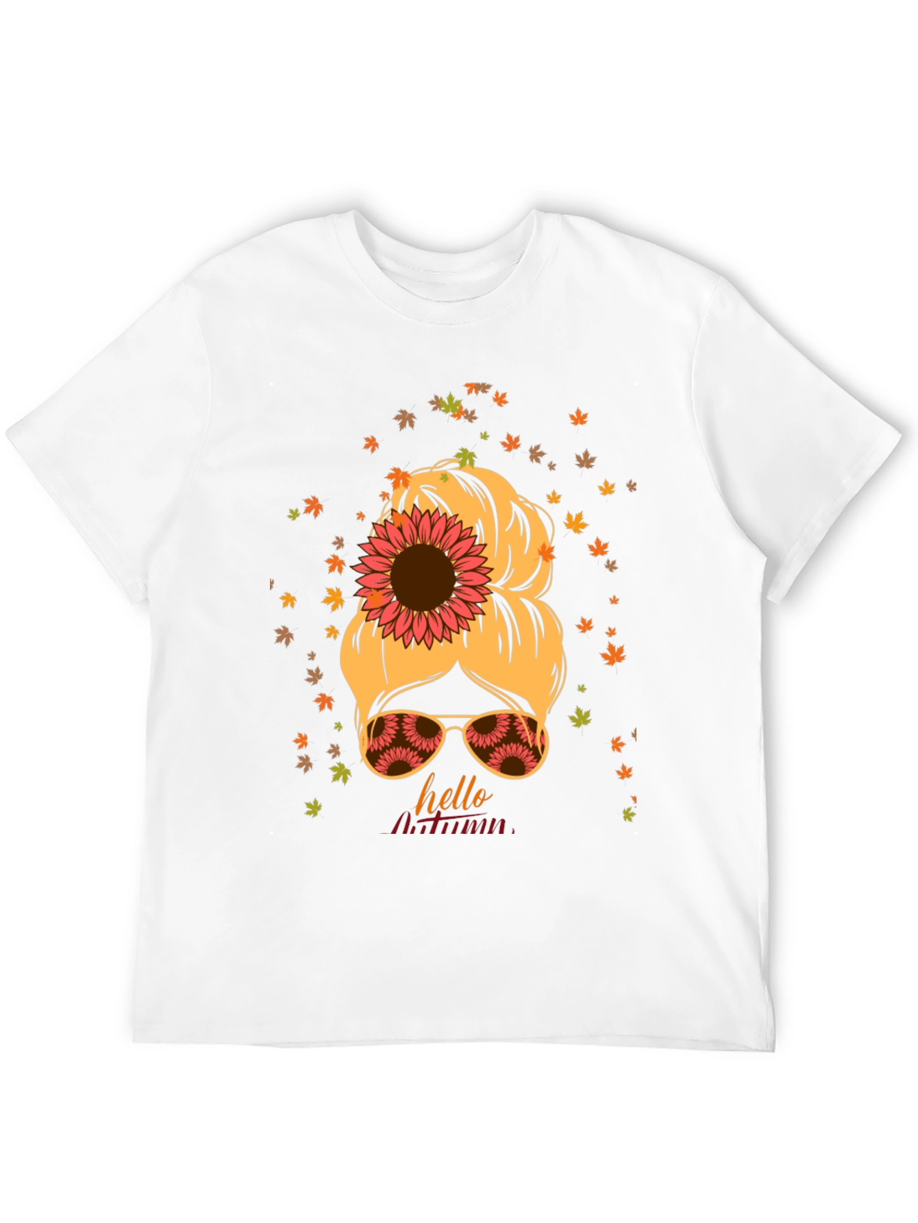 Hello Autumn Messy Bun Sunflower T-Shirt