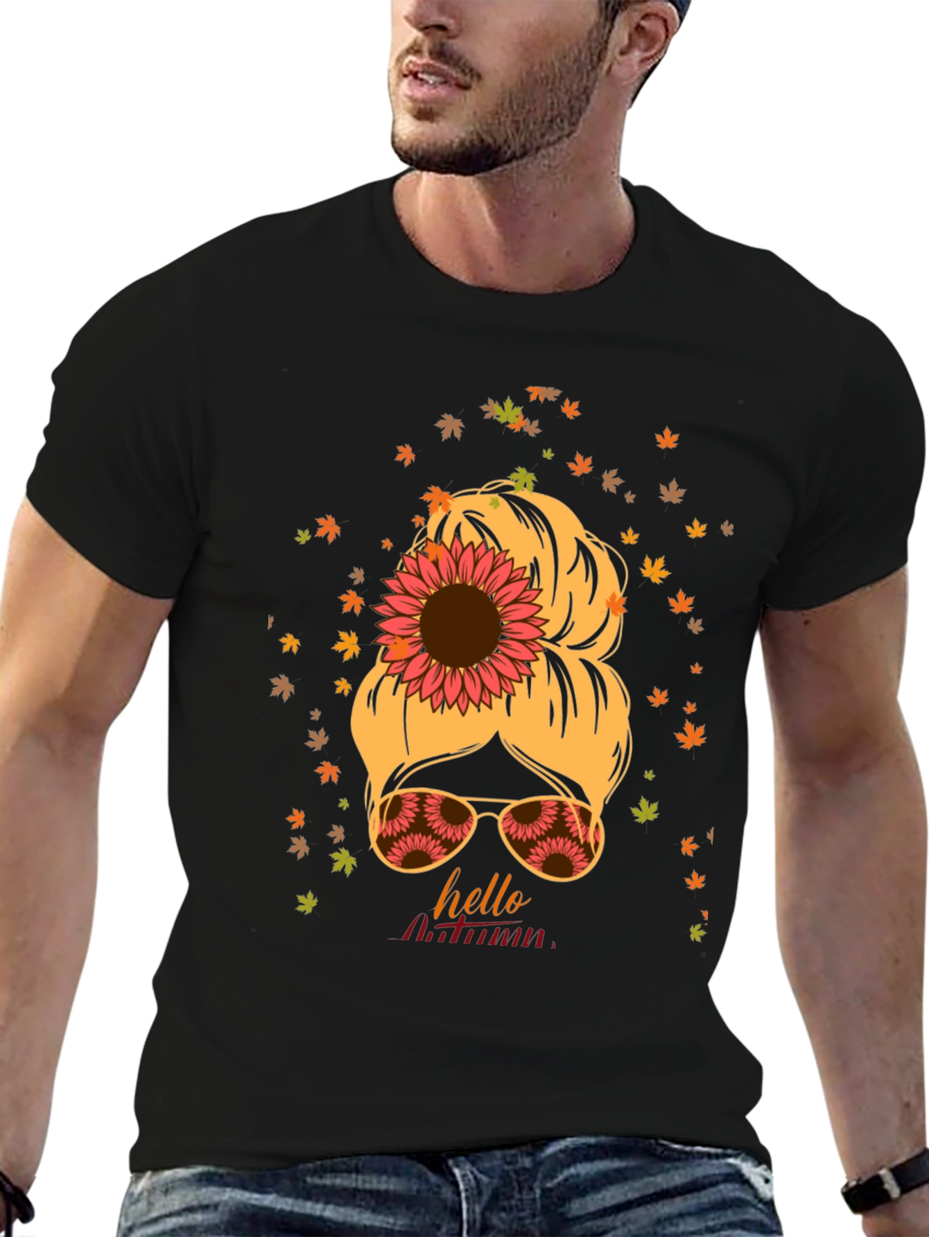 Hello Autumn Messy Bun Sunflower T-Shirt