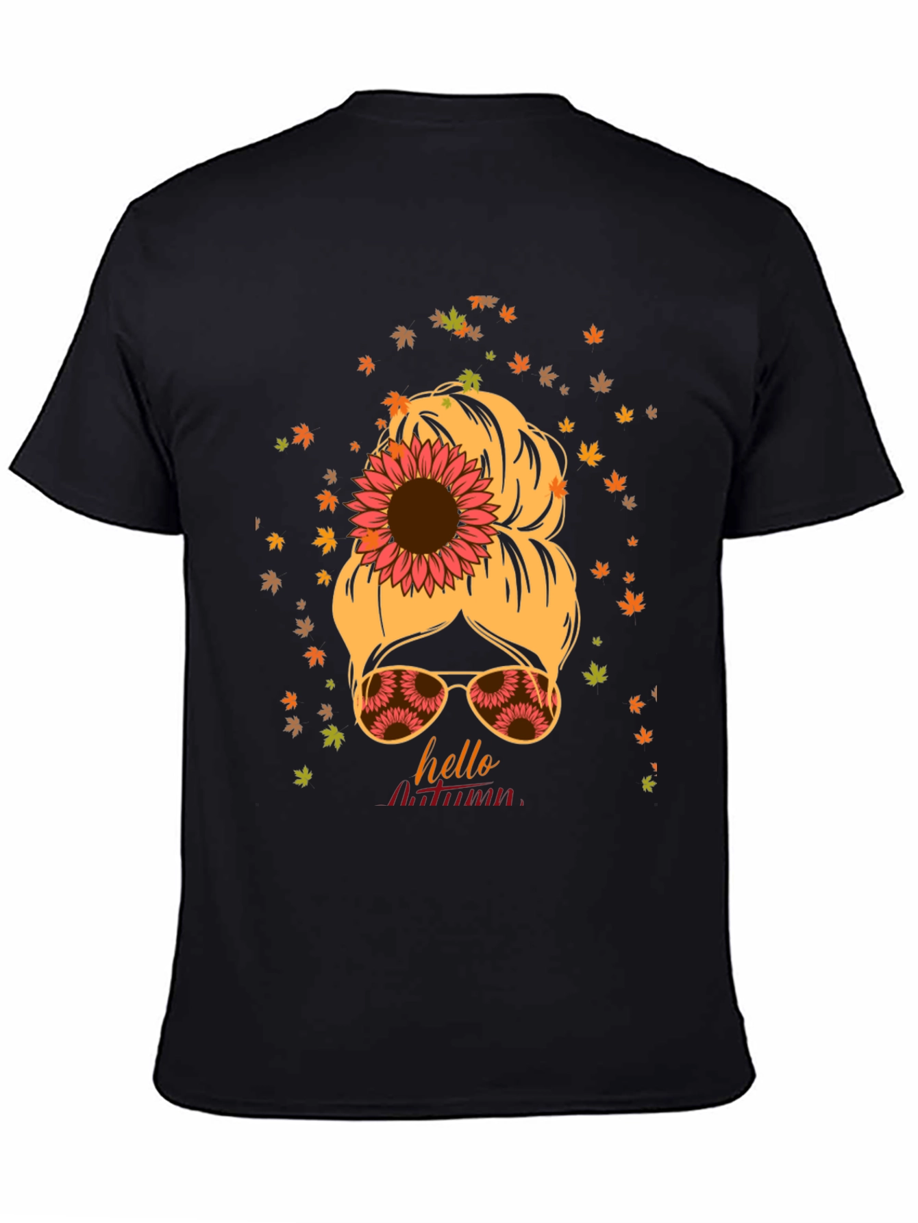 Hello Autumn Messy Bun Sunflower T-Shirt