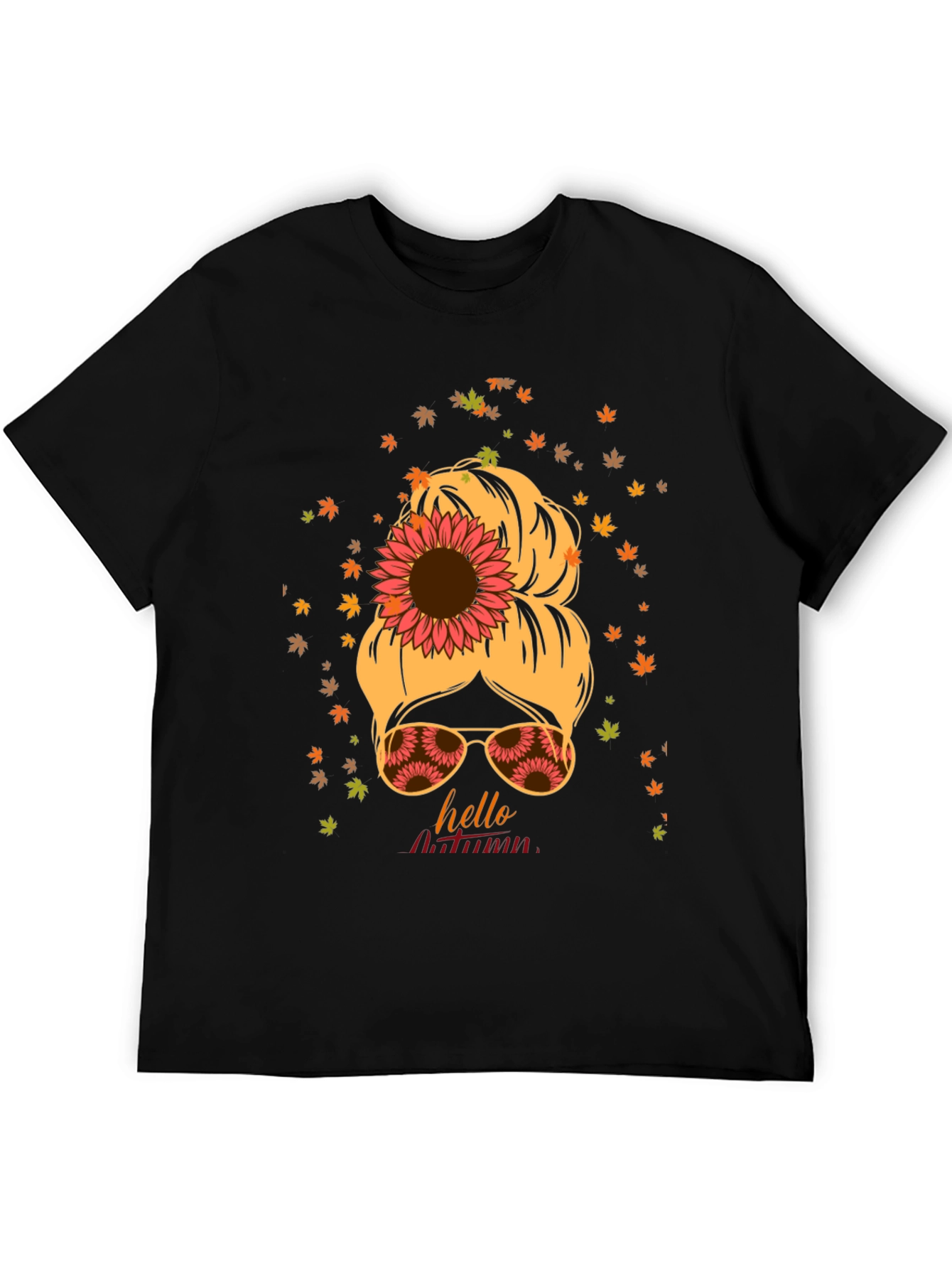 Hello Autumn Messy Bun Sunflower T-Shirt