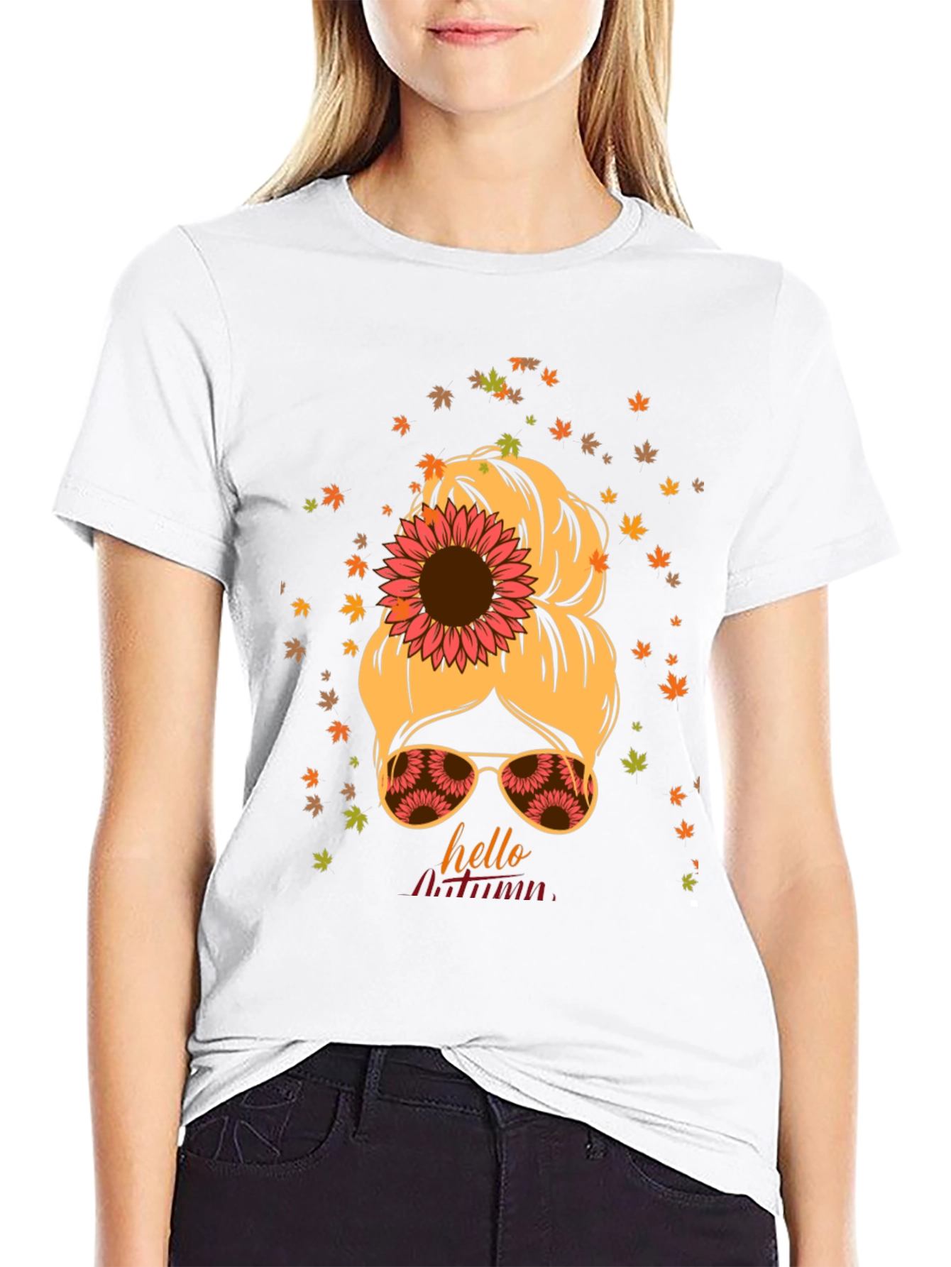 Hello Autumn Messy Bun Sunflower T-Shirt