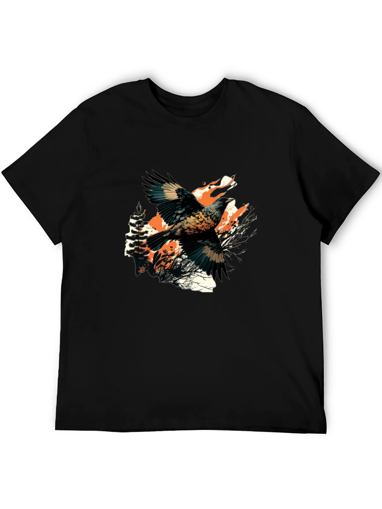 Black T-Shirt with Bird and Wolf Graphic