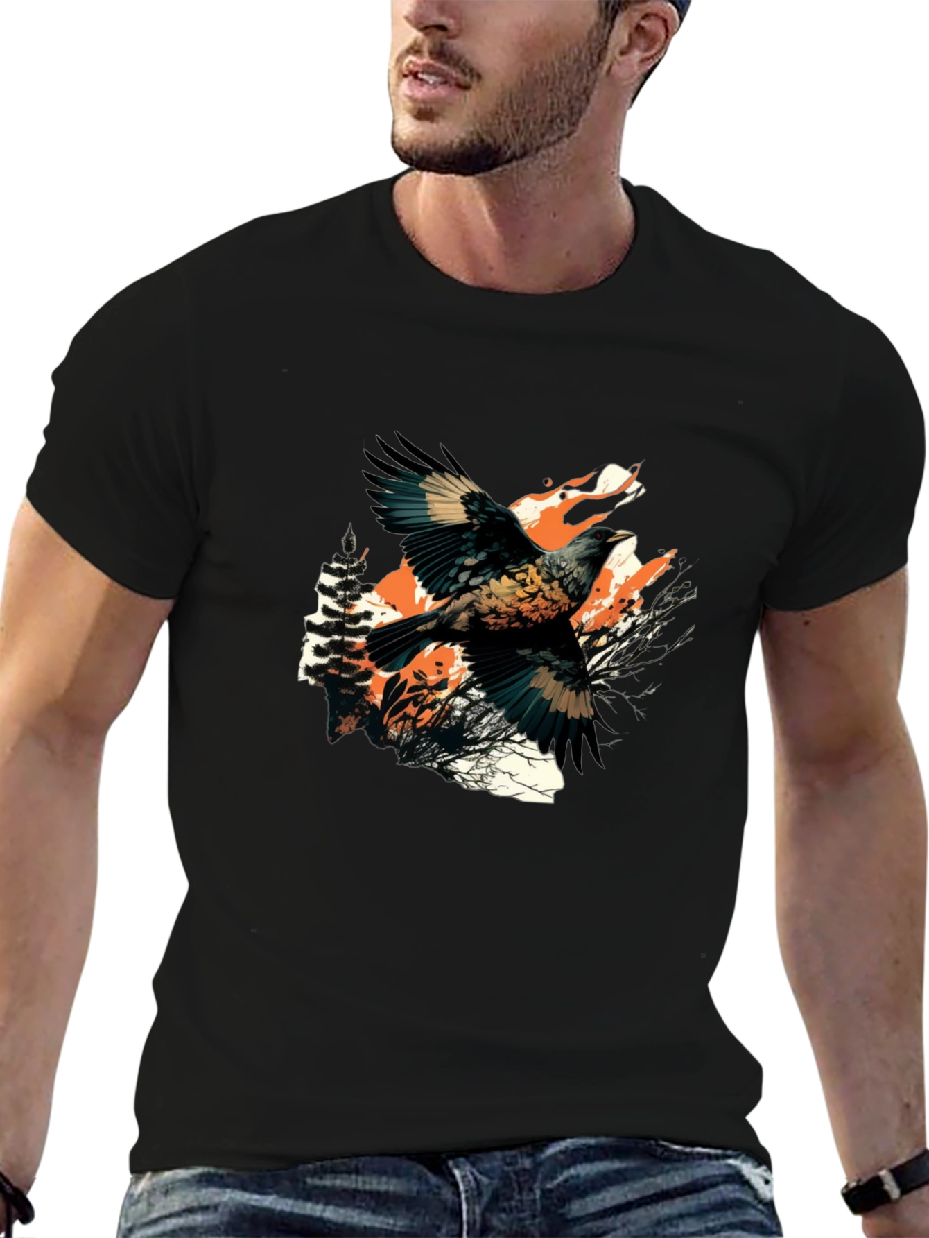 Black T-Shirt with Bird and Wolf Graphic