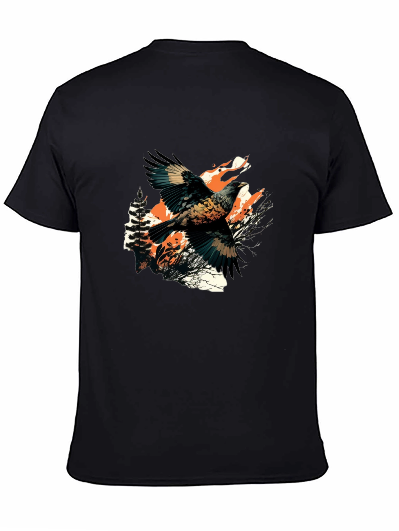 Black T-Shirt with Bird and Wolf Graphic