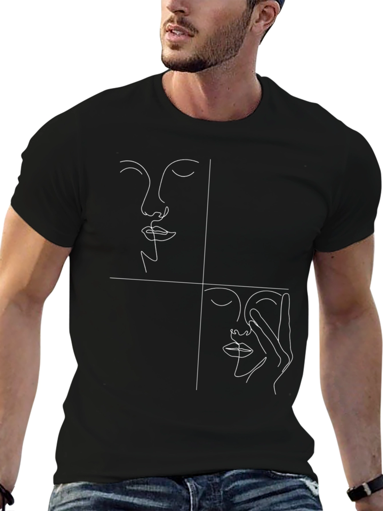Abstract Face Line Art Black T-Shirt