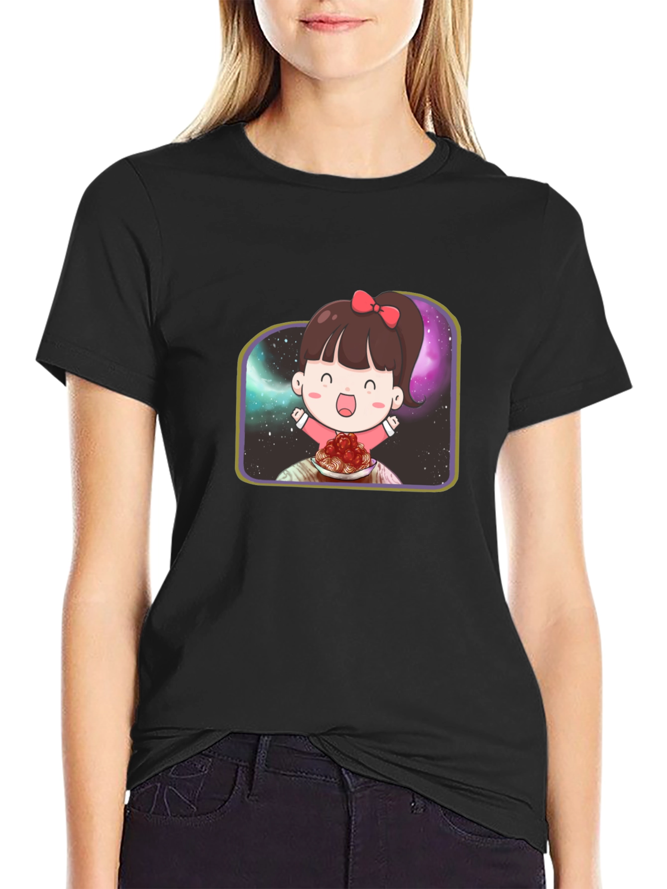 Cute Girl Spaghetti Galaxy Black T-Shirt