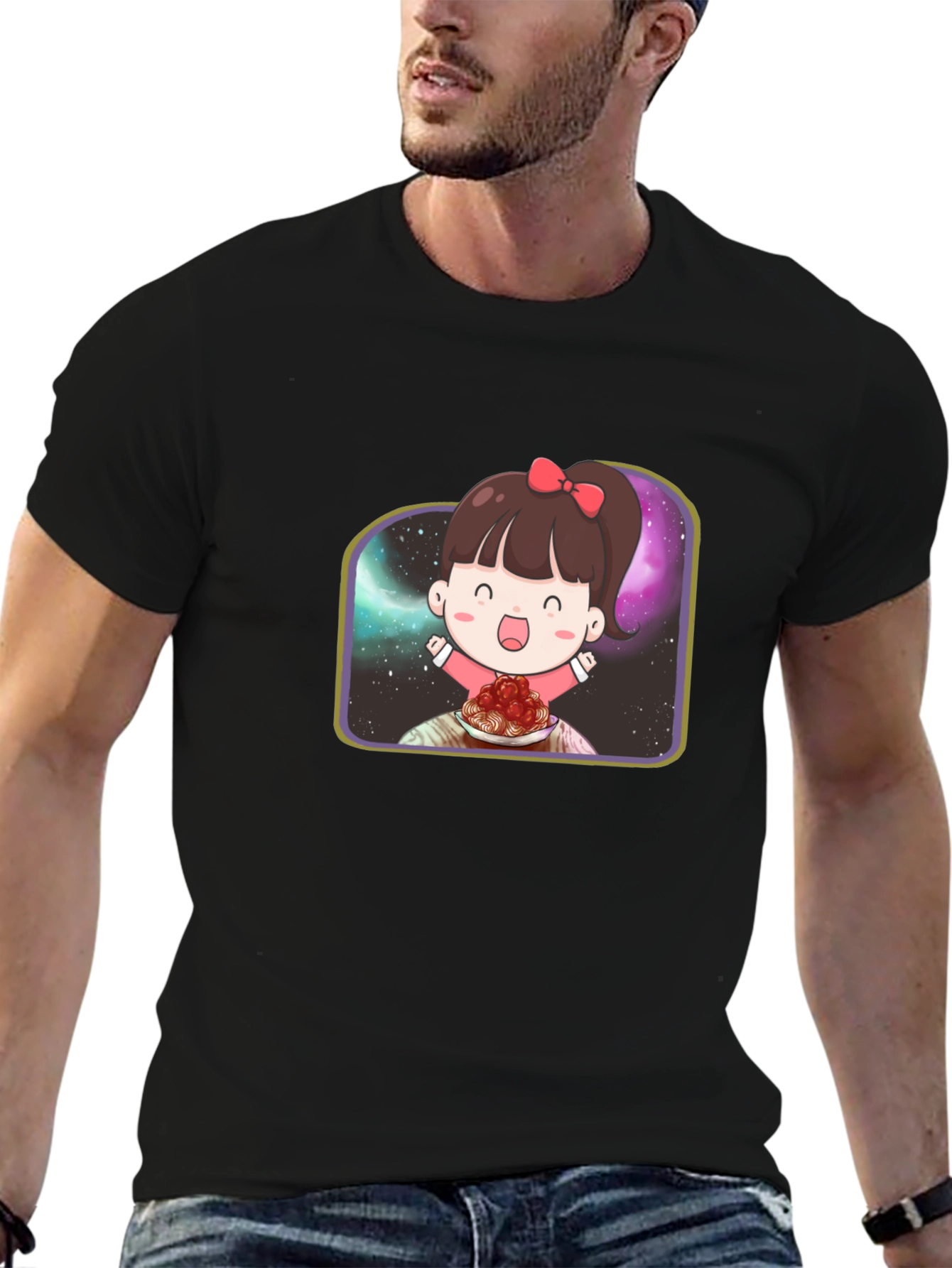 Cute Girl Spaghetti Galaxy Black T-Shirt