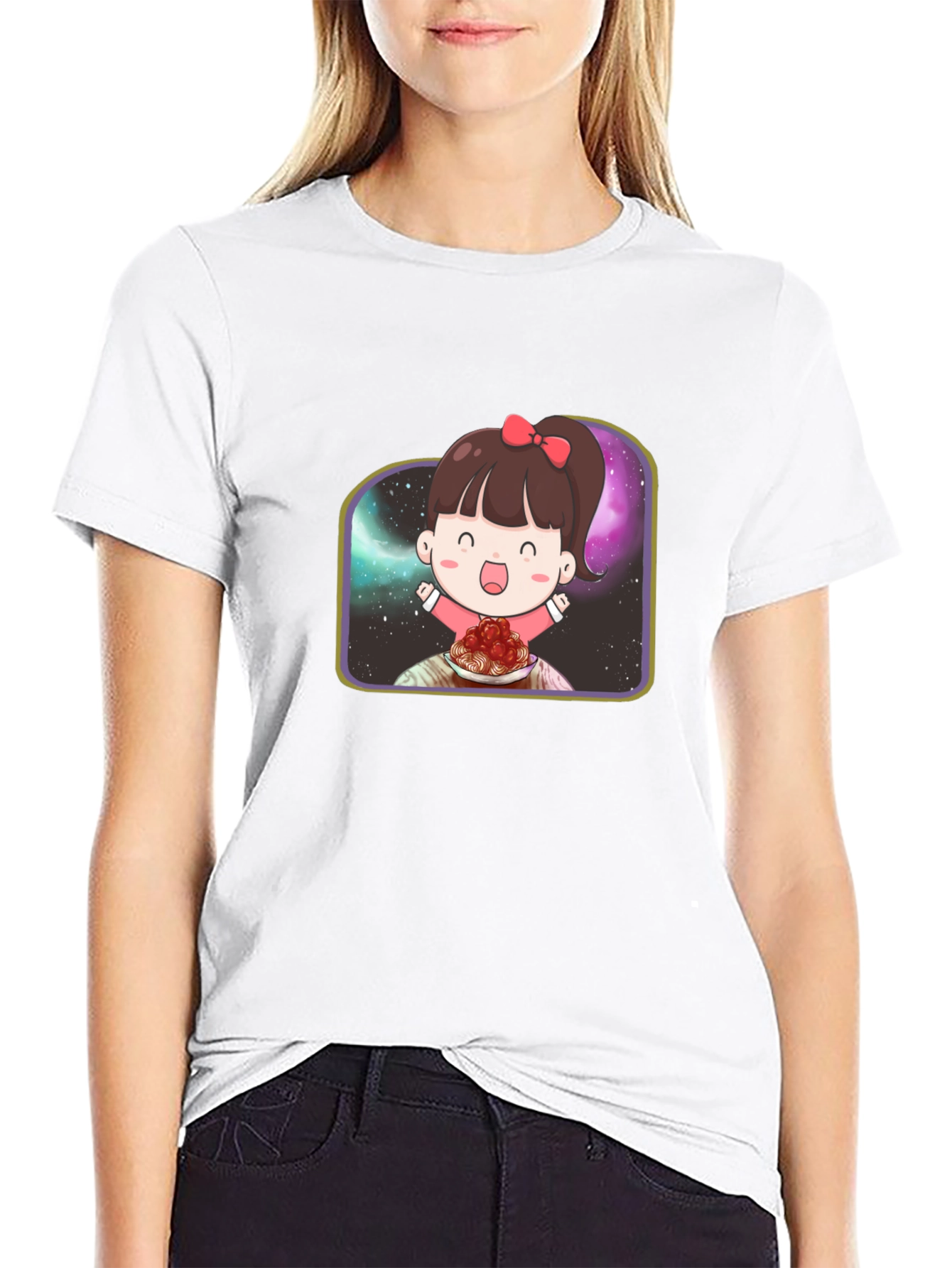 Cute Girl Spaghetti Galaxy Black T-Shirt