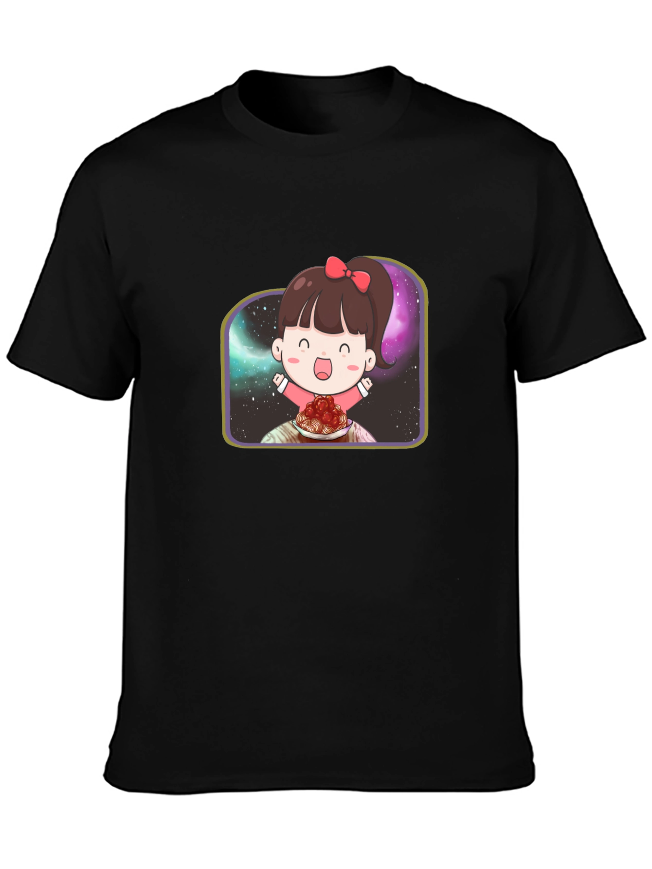Cute Girl Spaghetti Galaxy Black T-Shirt