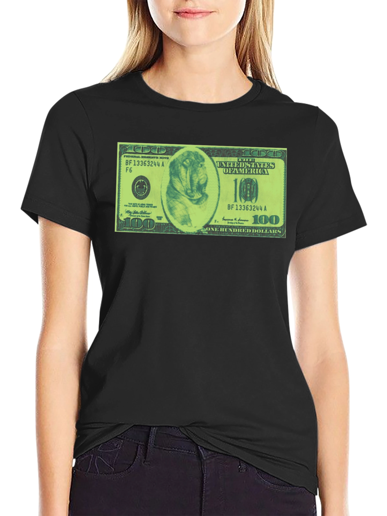 Mens Black Graphic Tee with Dog Dollar Bill Design