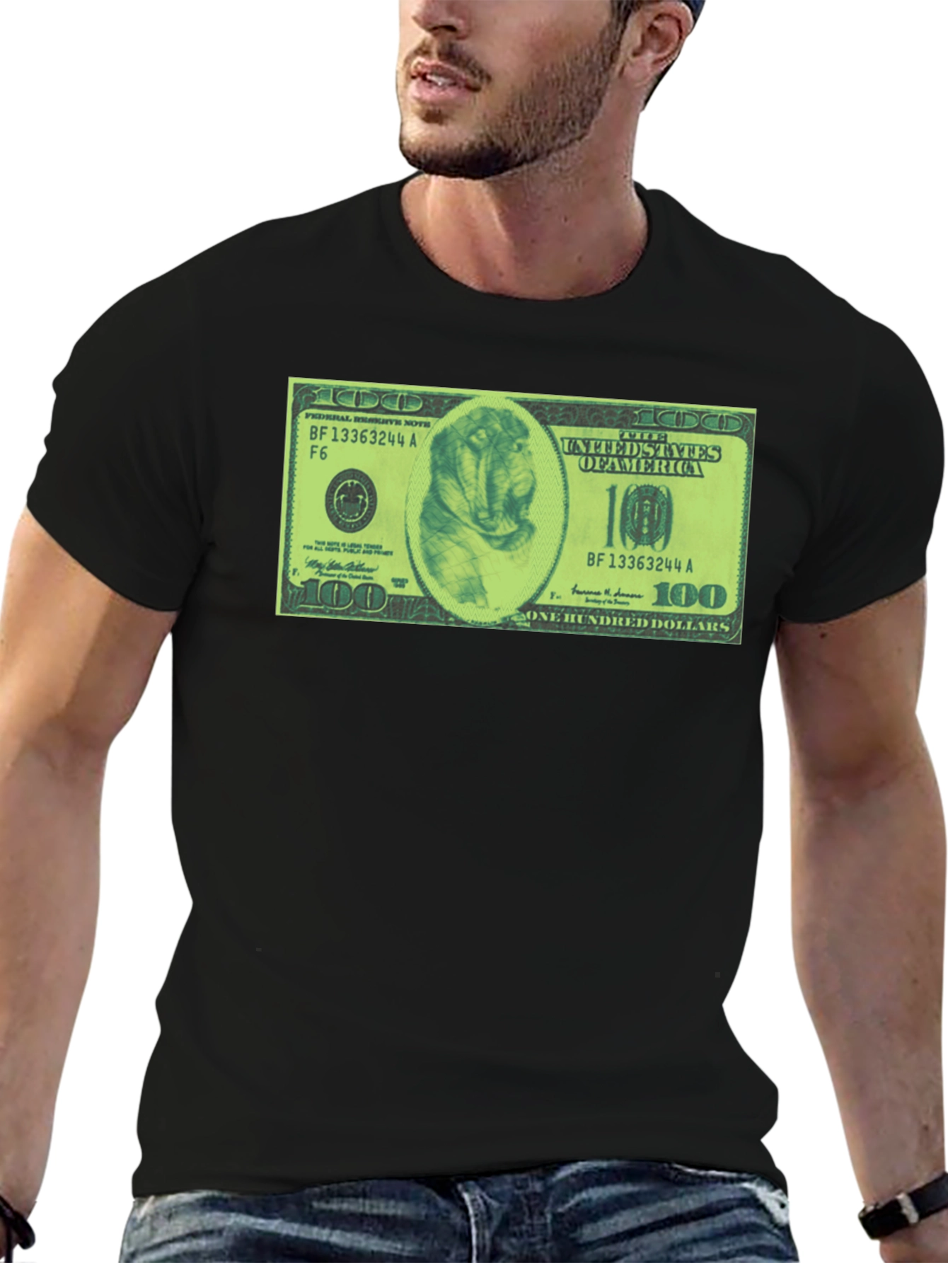 Mens Black Graphic Tee with Dog Dollar Bill Design
