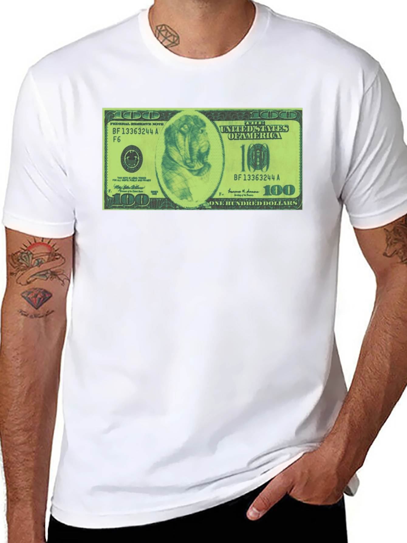 Mens Black Graphic Tee with Dog Dollar Bill Design