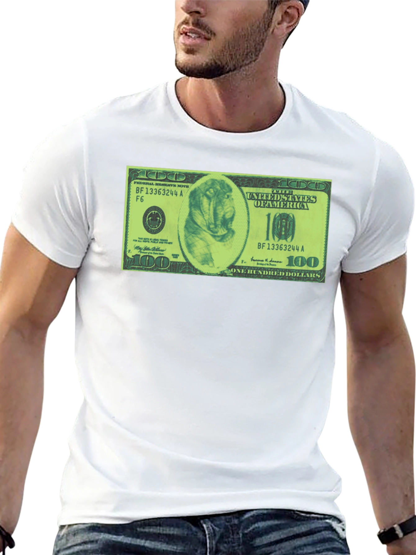 Mens Black Graphic Tee with Dog Dollar Bill Design
