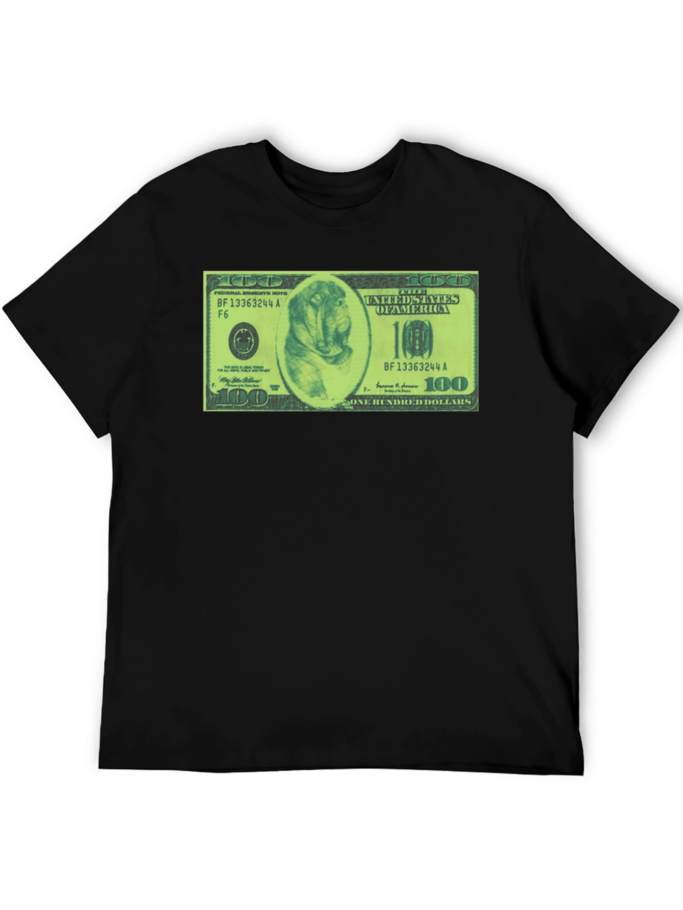 Mens Black Graphic Tee with Dog Dollar Bill Design