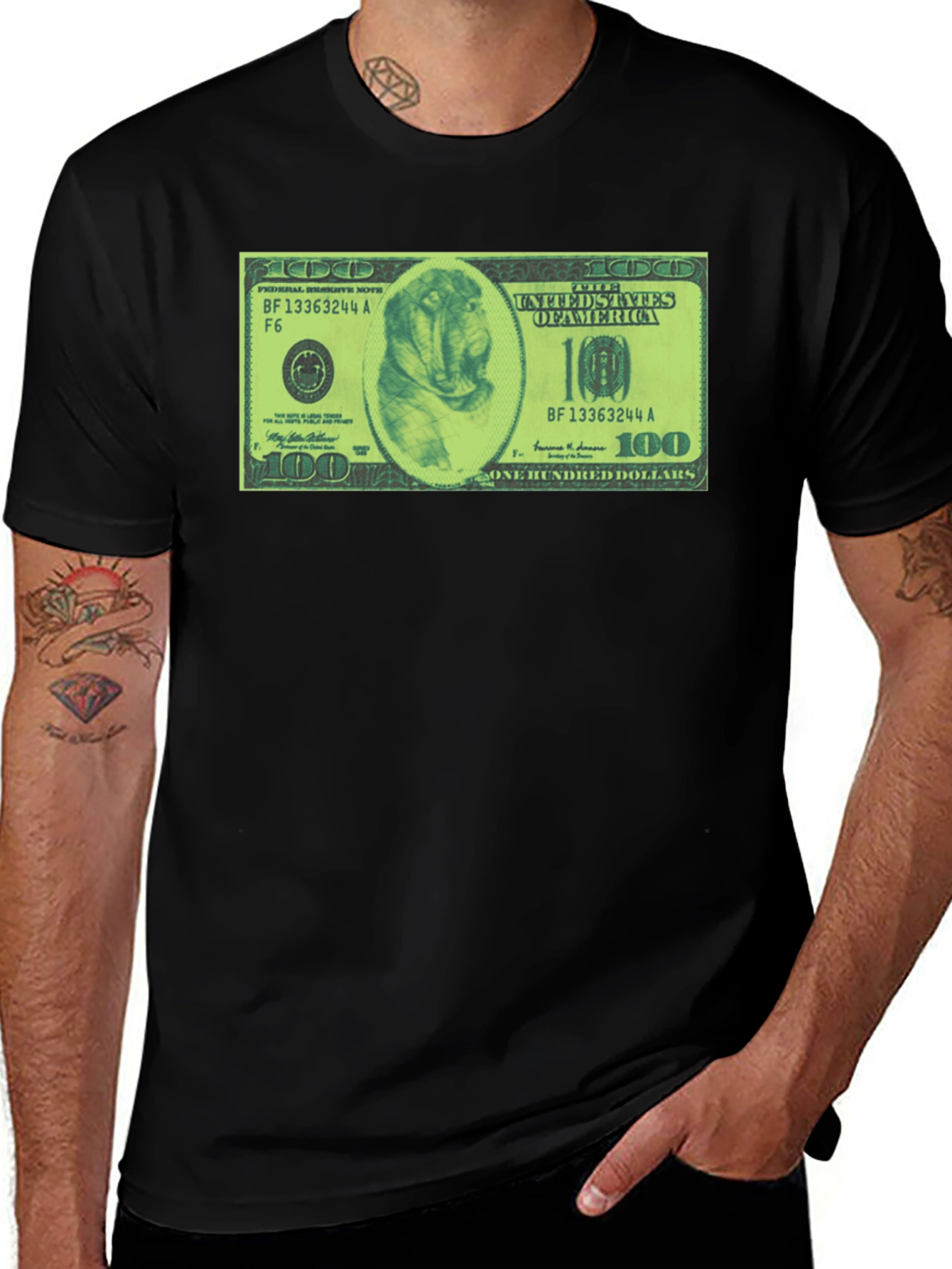 Mens Black Graphic Tee with Dog Dollar Bill Design