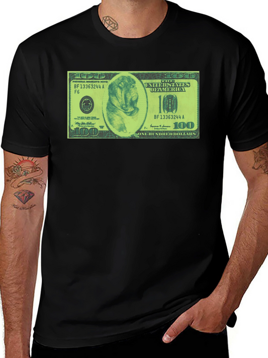 Mens Black Graphic Tee with Dog Dollar Bill Design