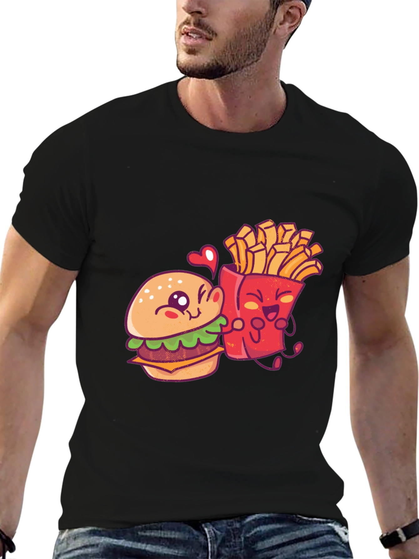 Burger and Fries Cartoon Graphic T-Shirt
