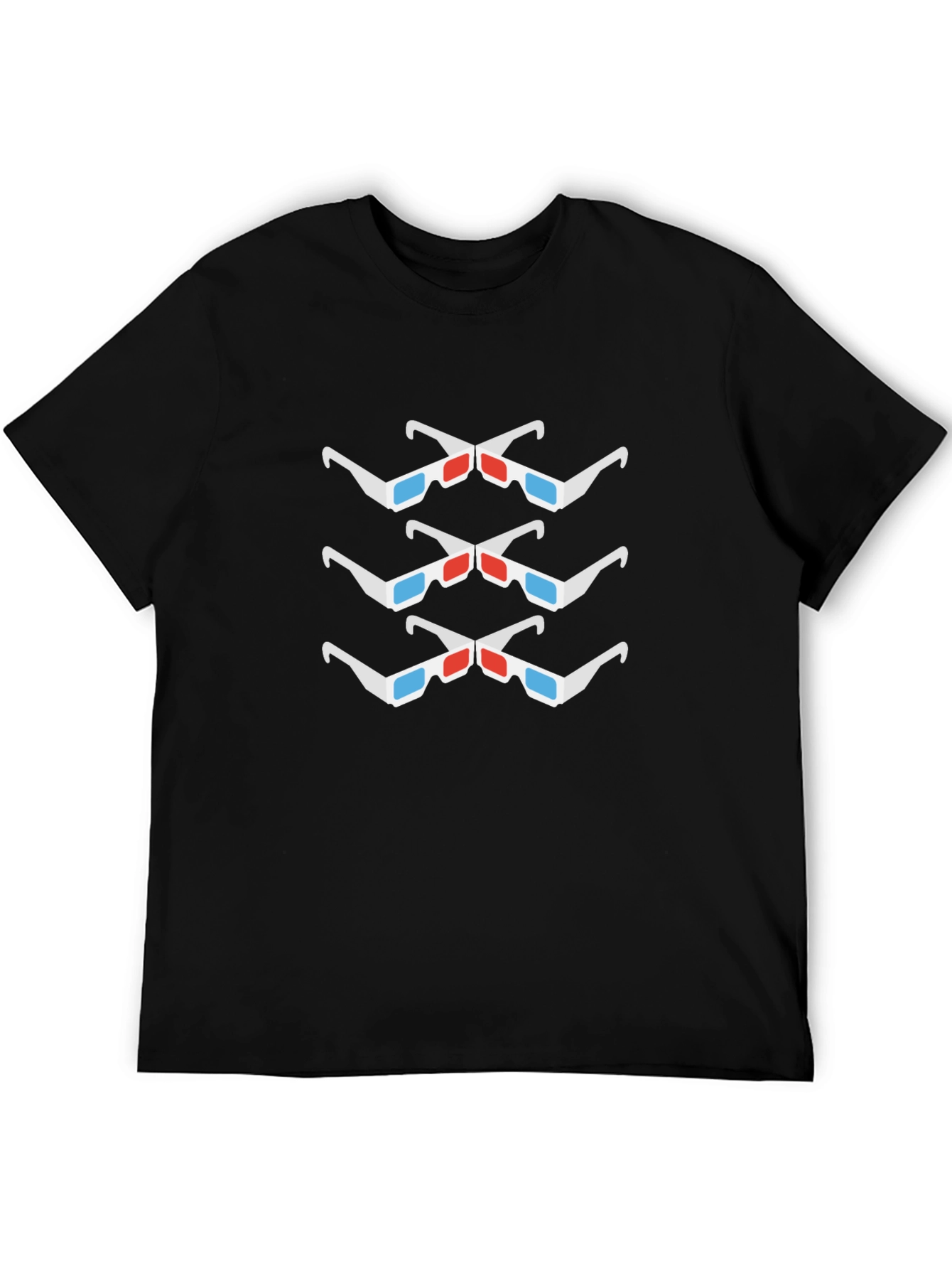 3D Glasses Pattern Black Crew Neck T-Shirt