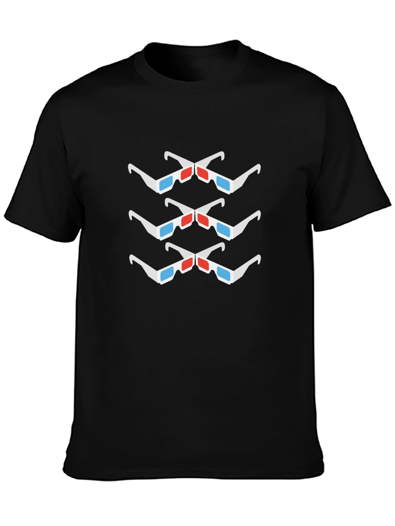 3D Glasses Pattern Black Crew Neck T-Shirt
