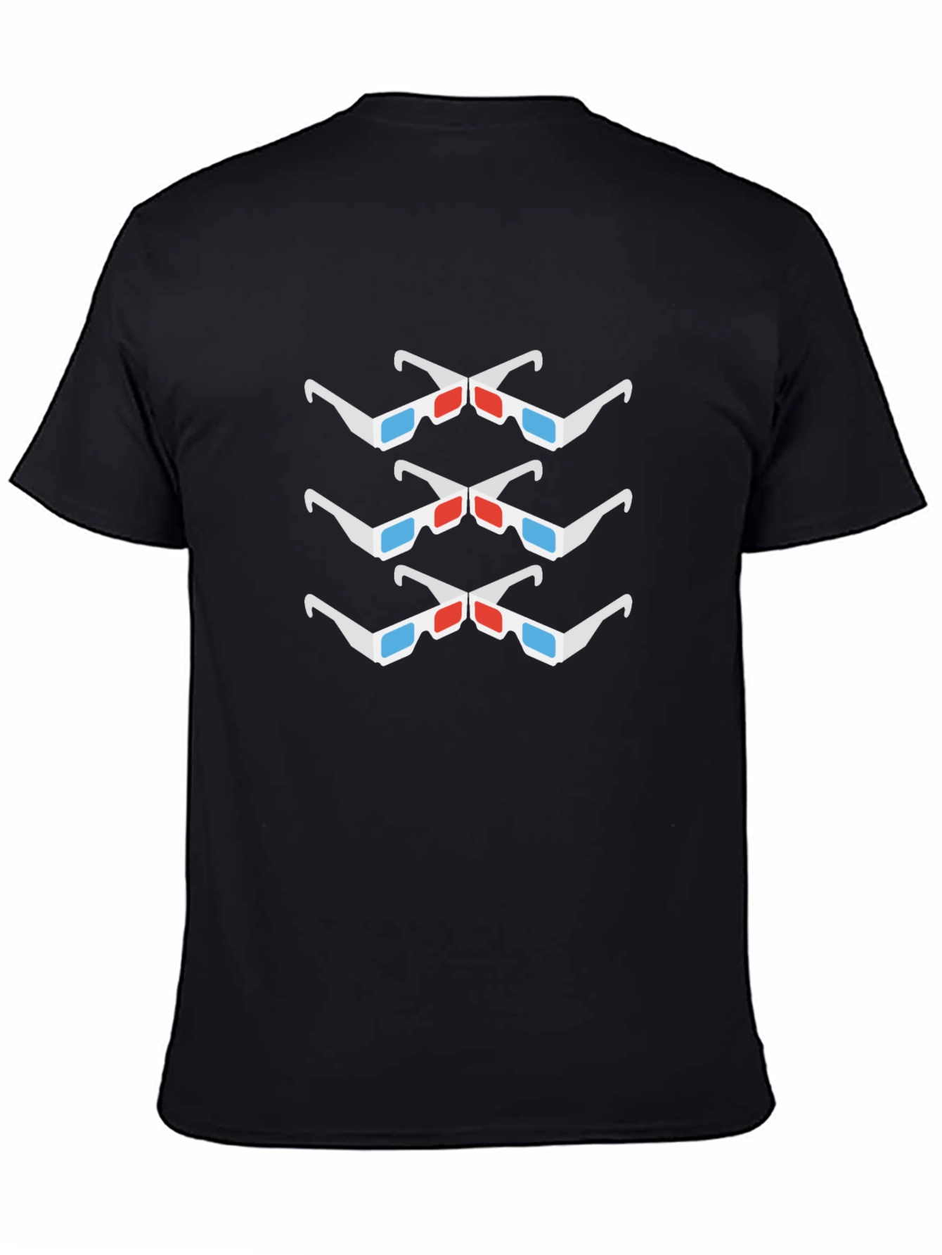 3D Glasses Pattern Black Crew Neck T-Shirt