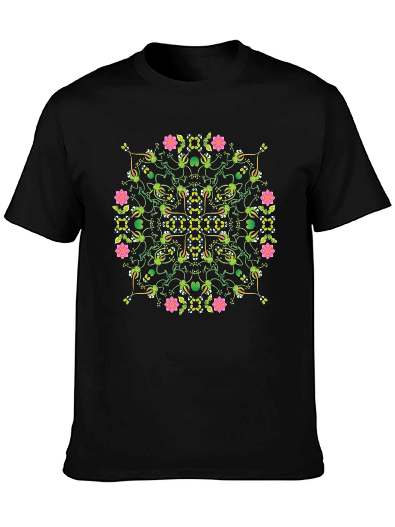Floral Frog Pattern Black T-Shirt